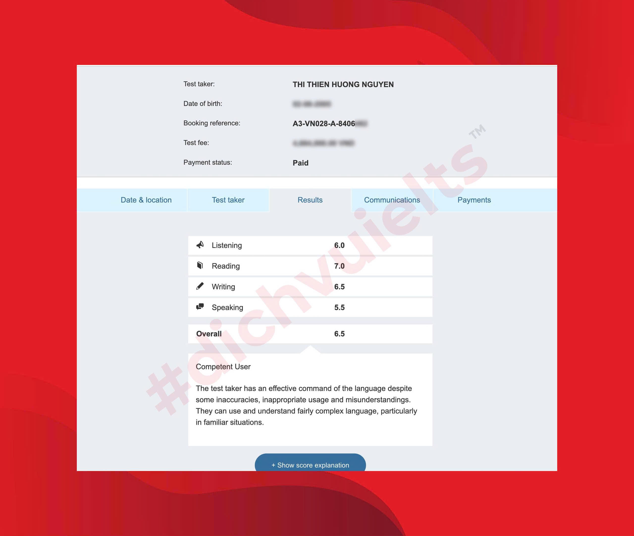 NGUYỄN THỊ THIÊN HƯƠNG ĐẠT IELTS 6.5 OVERALL