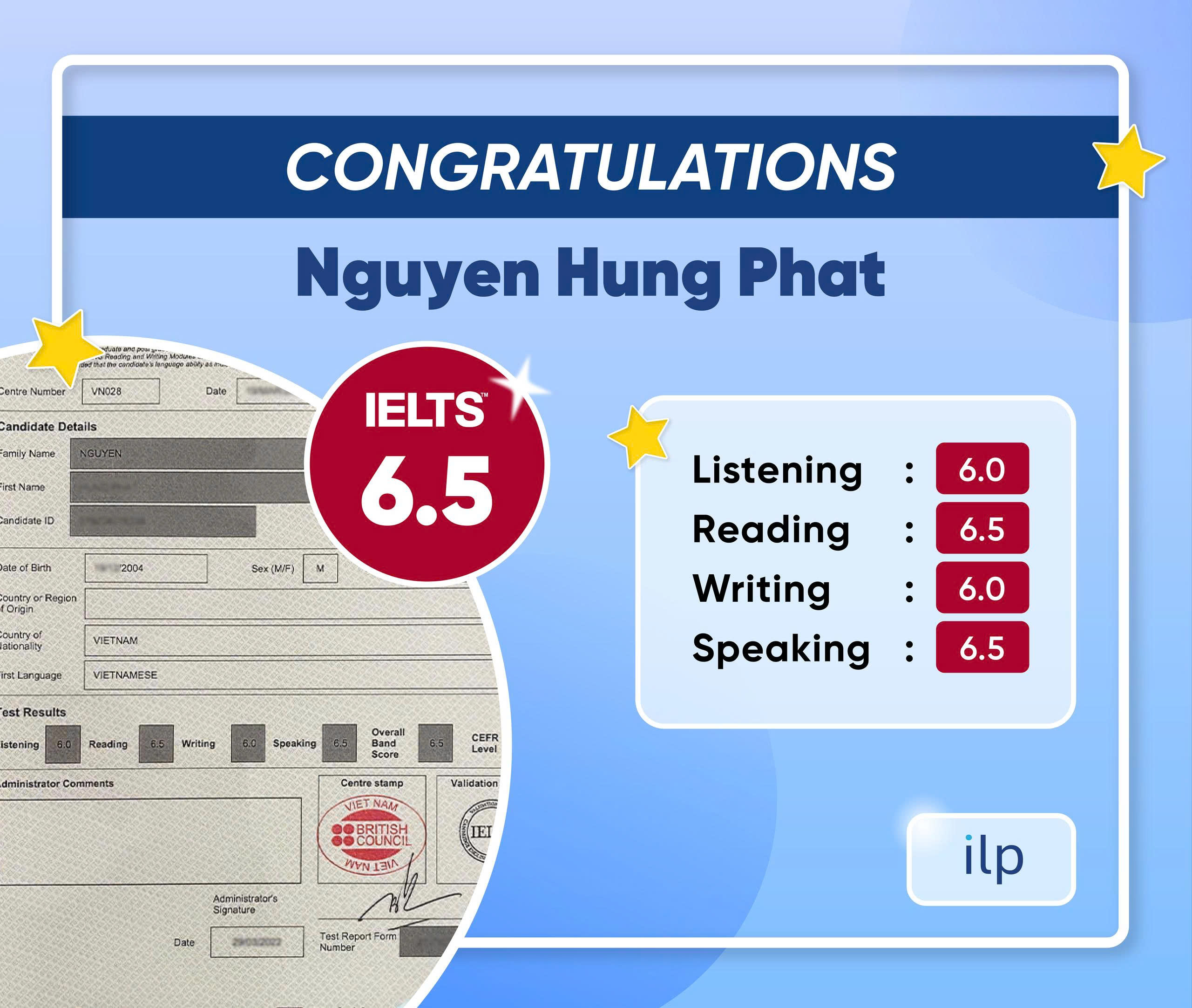 NGUYỄN HƯNG PHÁT ĐẠT ĐIỂM IELTS 6.5 OVERALL