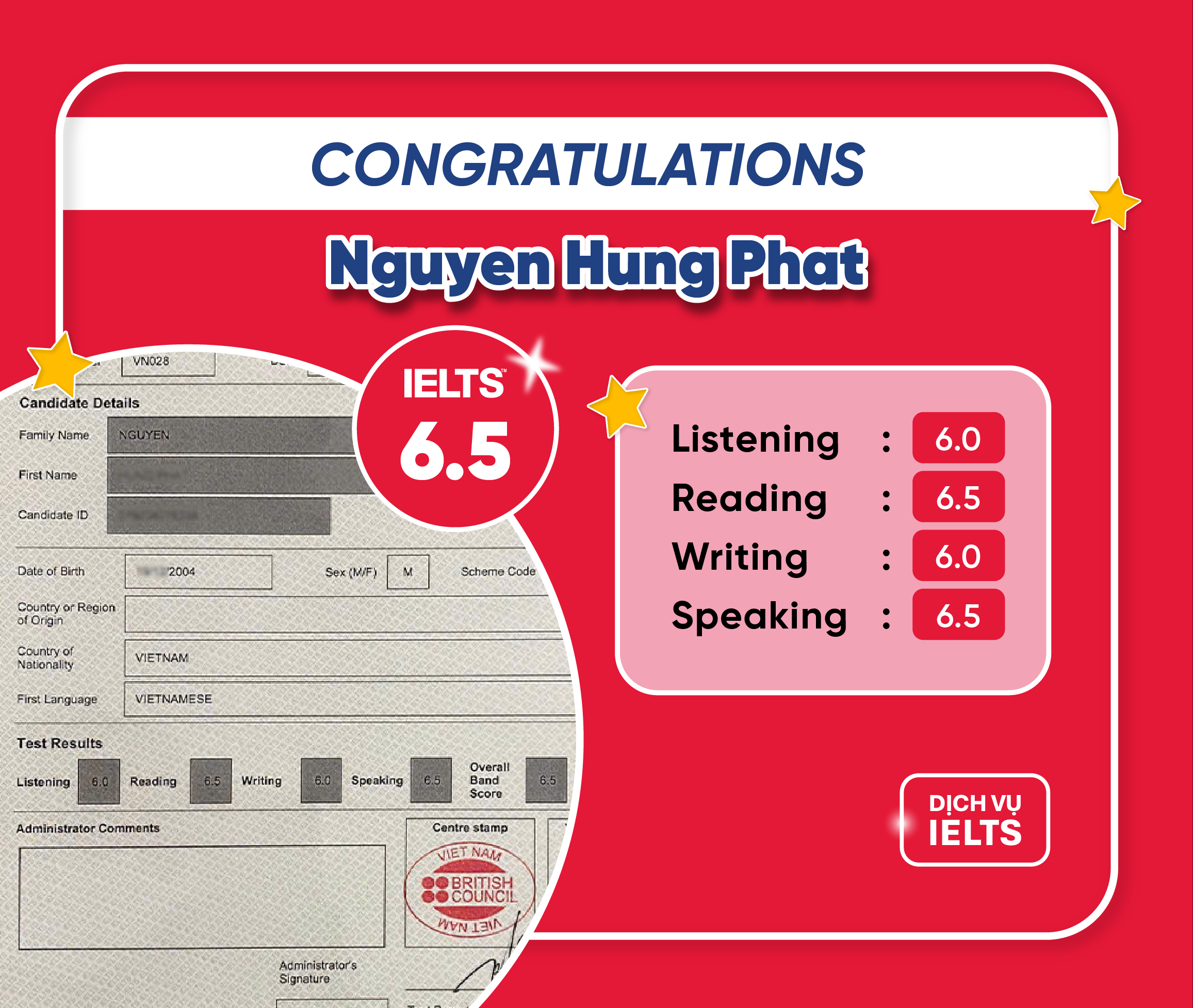 NGUYỄN HƯNG PHÁT ĐẠT ĐIỂM IELTS 6.5 OVERALL