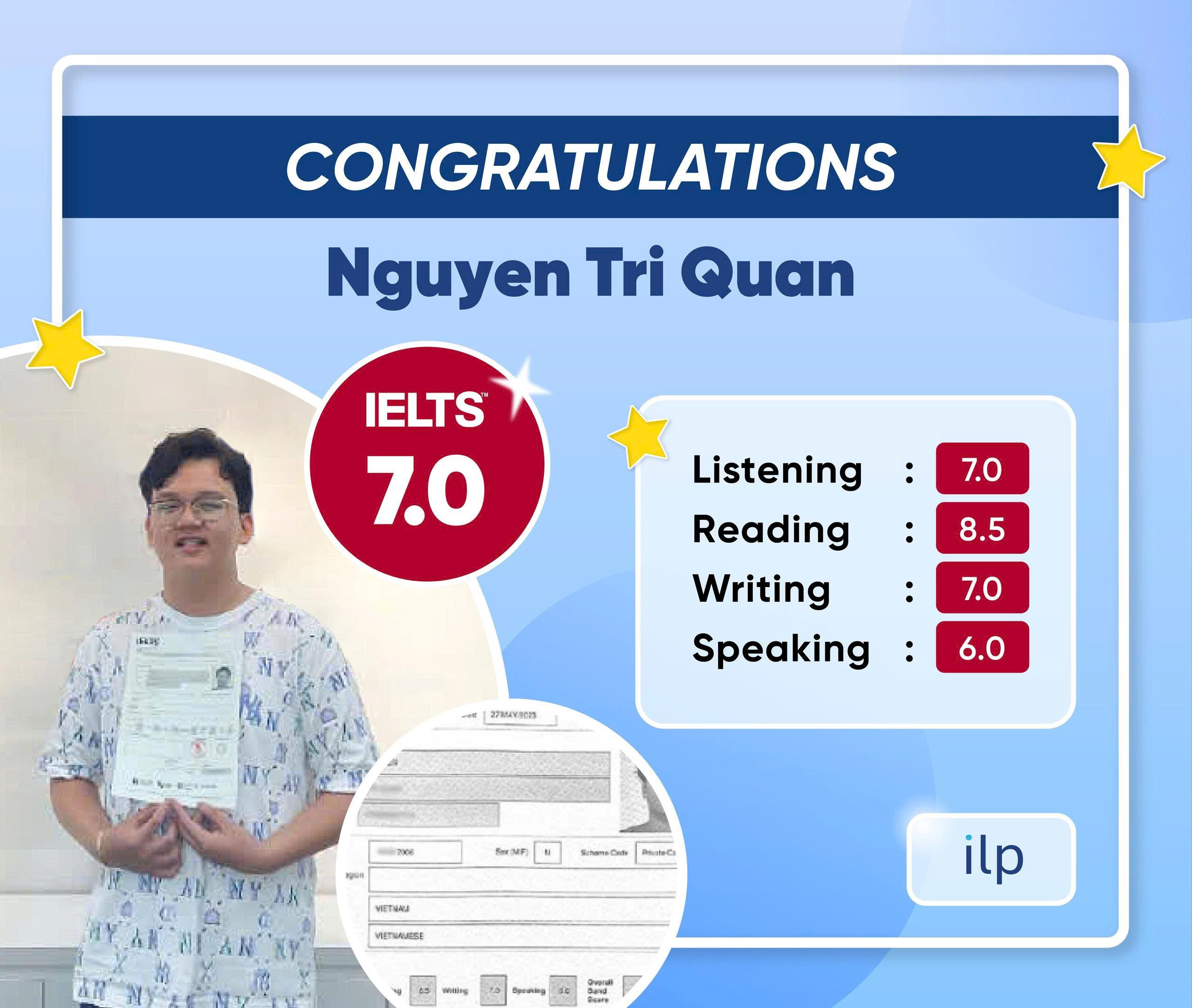 NGUYỄN TRÍ QUAN ĐẠT ĐIỂM IELTS 7.0 OVERALL
