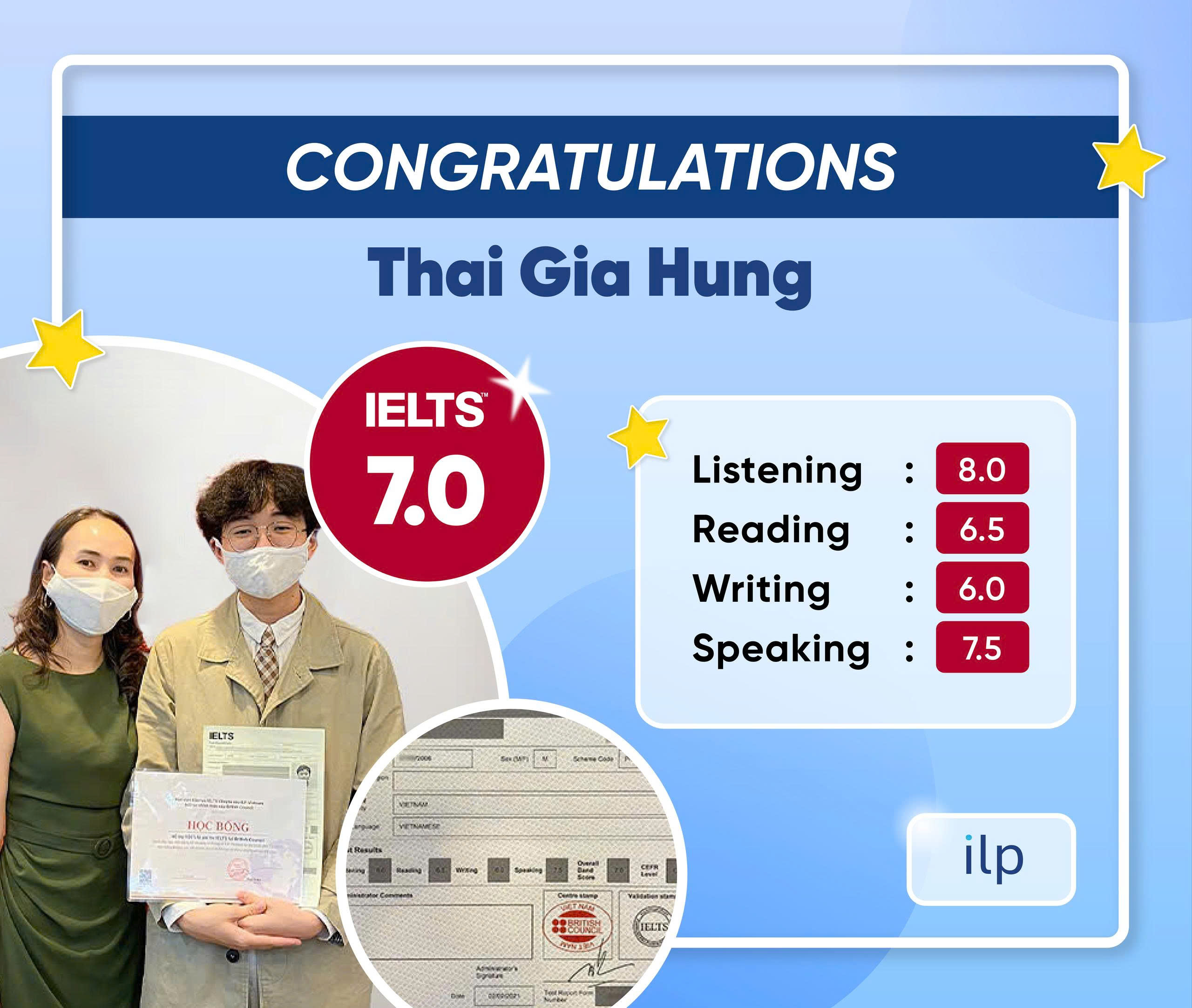 GIA HƯNG 2K6 TRƯỜNG PENNSCHOOL XUẤT SẮC ĐẠT IELTS 7.0 (LISTENING 8.0)