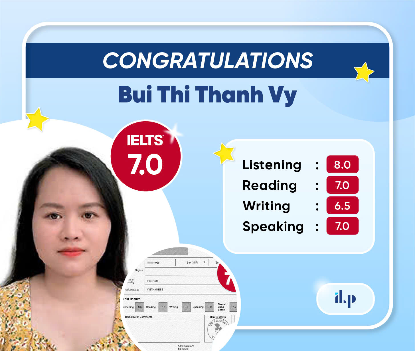 BÙI THỊ THANH VY ĐẠT ĐIỂM 7.0 IELTS OVERALL