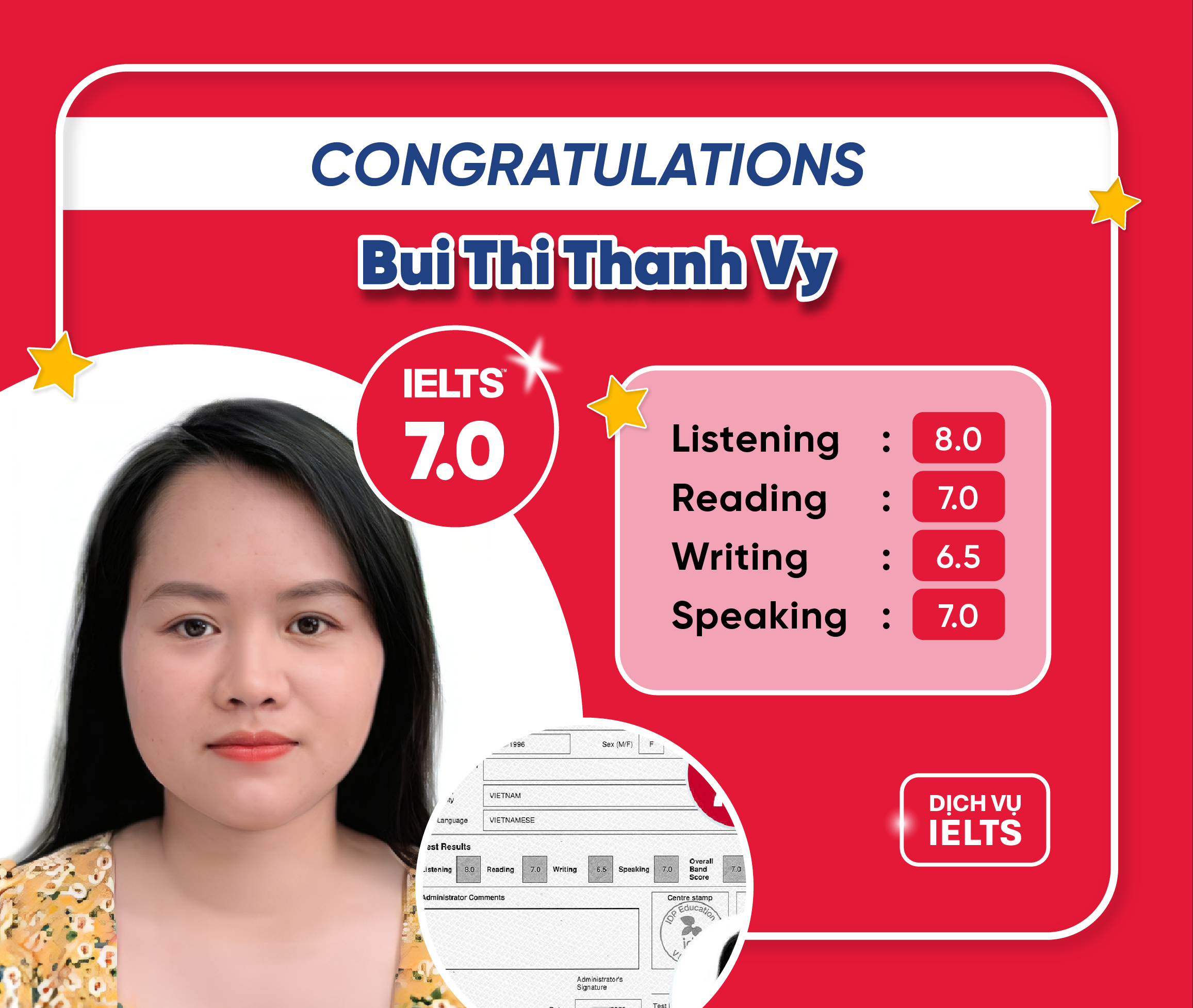 BÙI THỊ THANH VY ĐẠT ĐIỂM 7.0 IELTS OVERALL