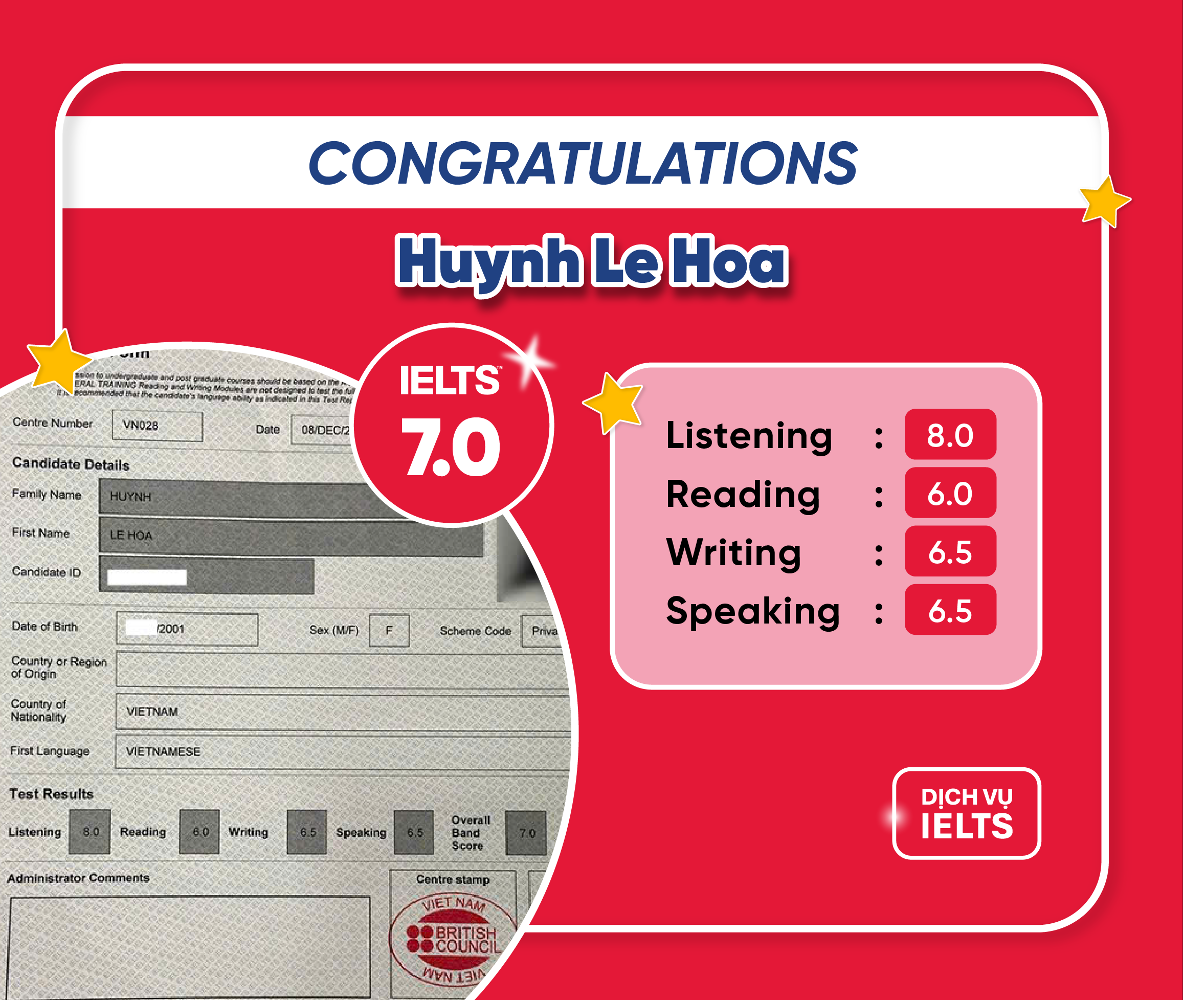 THÊM MỘT KHÁCH HÀNG XUẤT SẮC ĐẠT IELTS 7.0