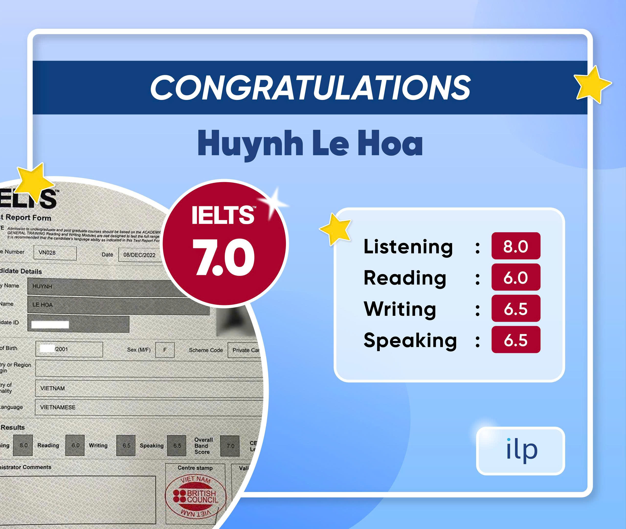 THÊM MỘT KHÁCH HÀNG XUẤT SẮC ĐẠT IELTS 7.0