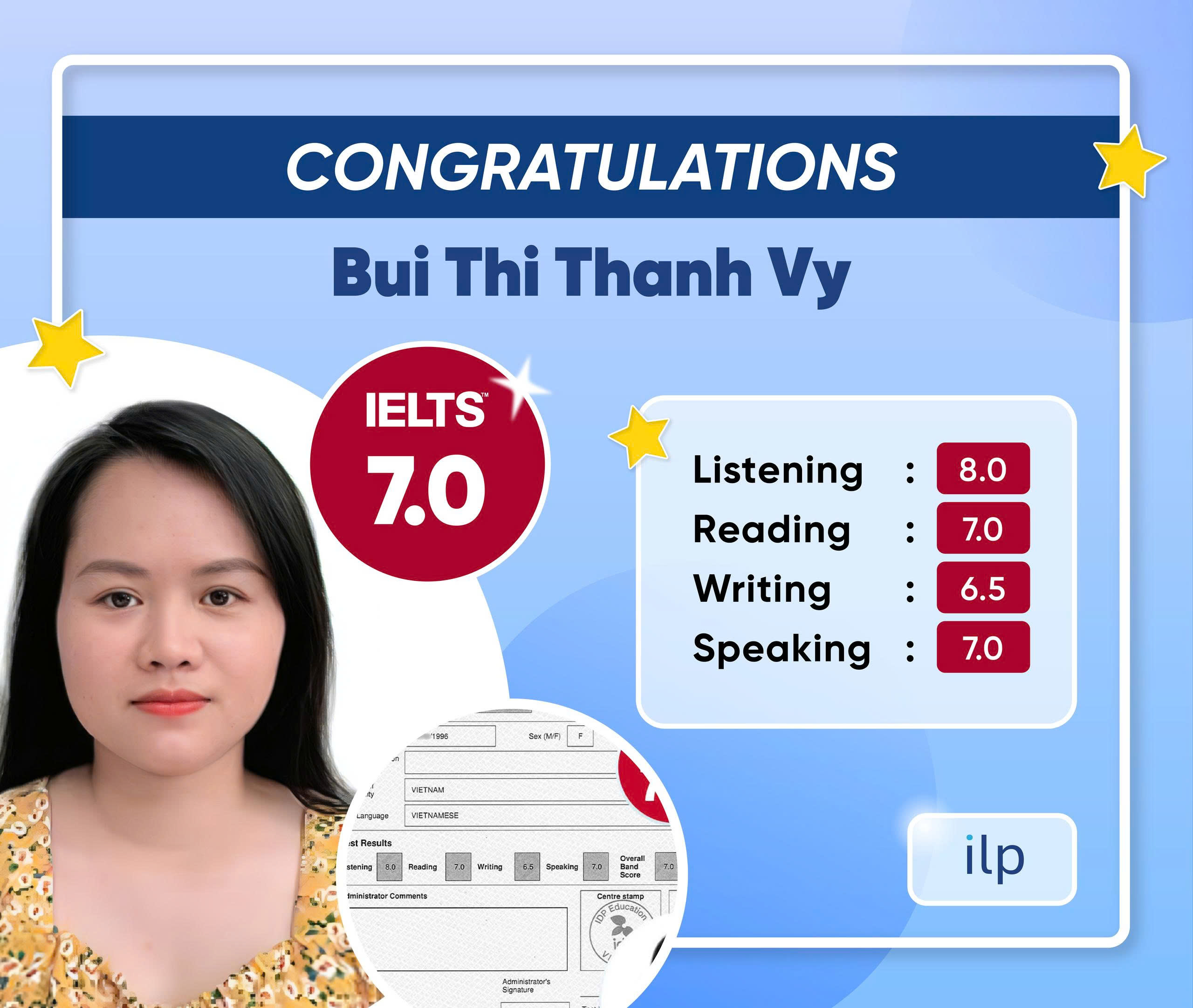 BÙI THỊ THANH VY ĐẠT ĐIỂM 7.0 IELTS OVERALL