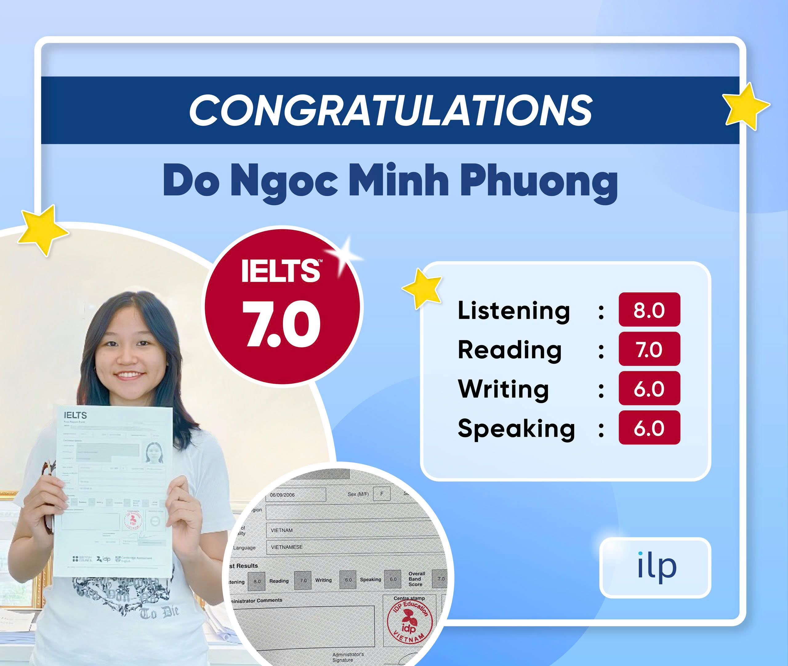 ĐỖ NGỌC MINH PHƯƠNG ĐẠT IELTS 7.0 OVERALL