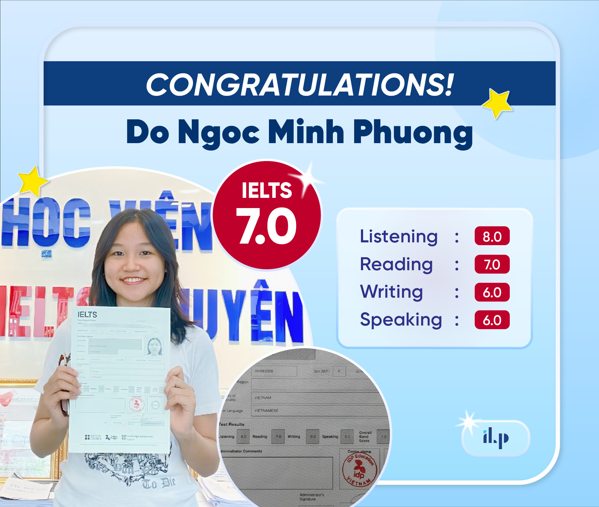 ĐỖ NGỌC MINH PHƯƠNG ĐẠT IELTS 7.0 OVERALL