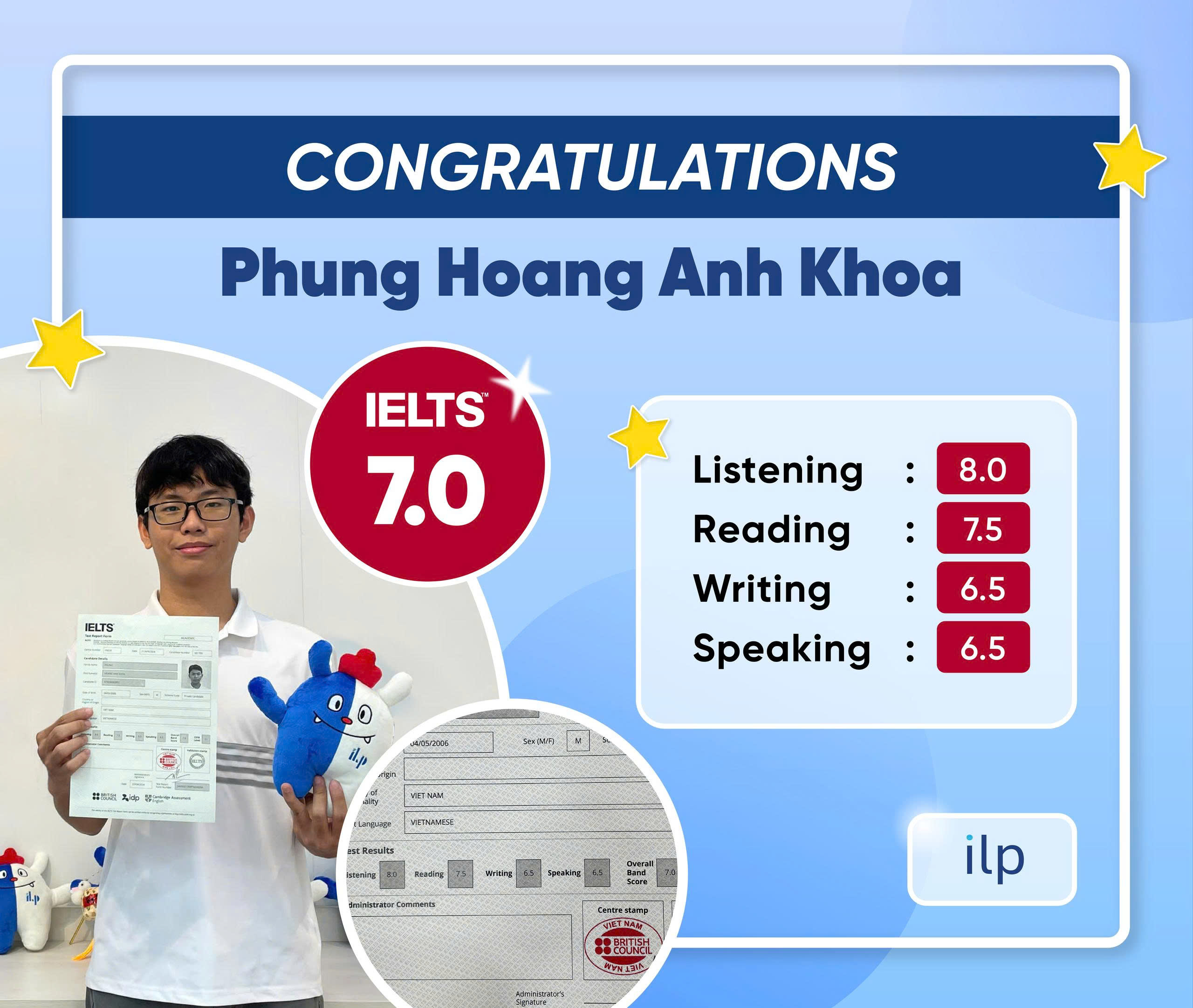 PHÙNG HOÀNG ANH KHOA ĐẠT ĐIỂM IELTS 7.0 OVERALL