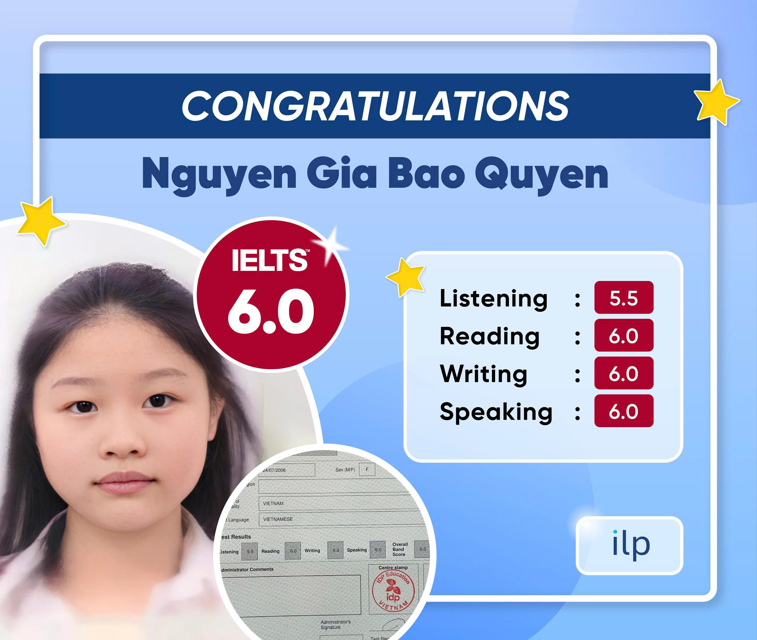 GIA BẢO QUYÊN ĐẠT ĐIỂM IELTS 6.0 OVERALL