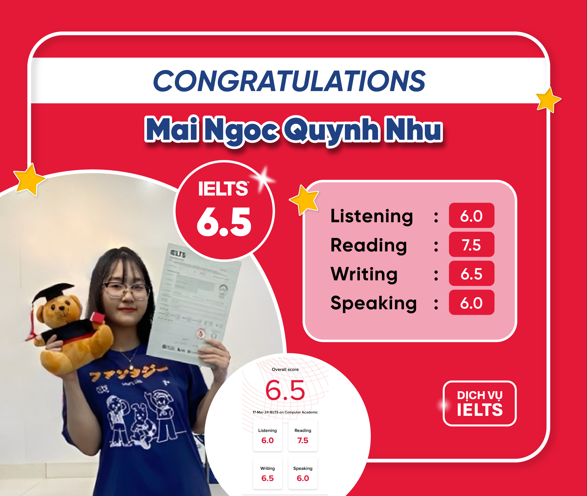 MAI NGỌC QUỲNH NHƯ ĐẠT ĐIỂM IELTS 6.5 OVERALL