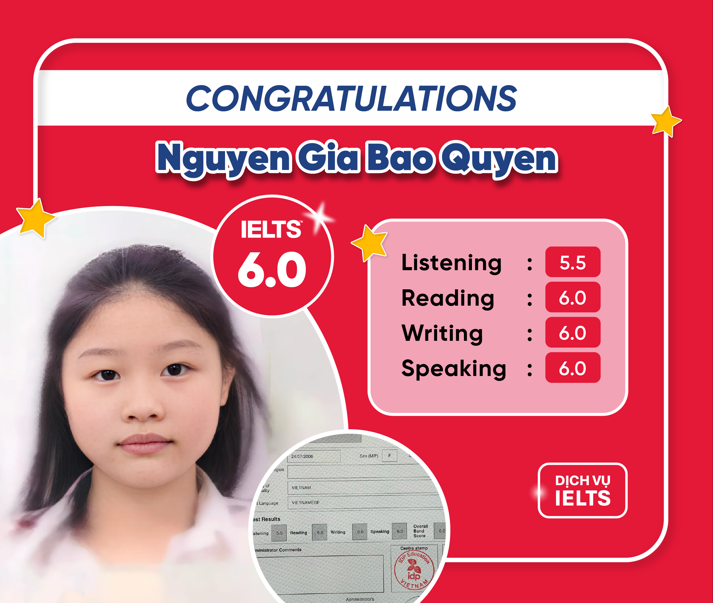GIA BẢO QUYÊN ĐẠT ĐIỂM IELTS 6.0 OVERALL