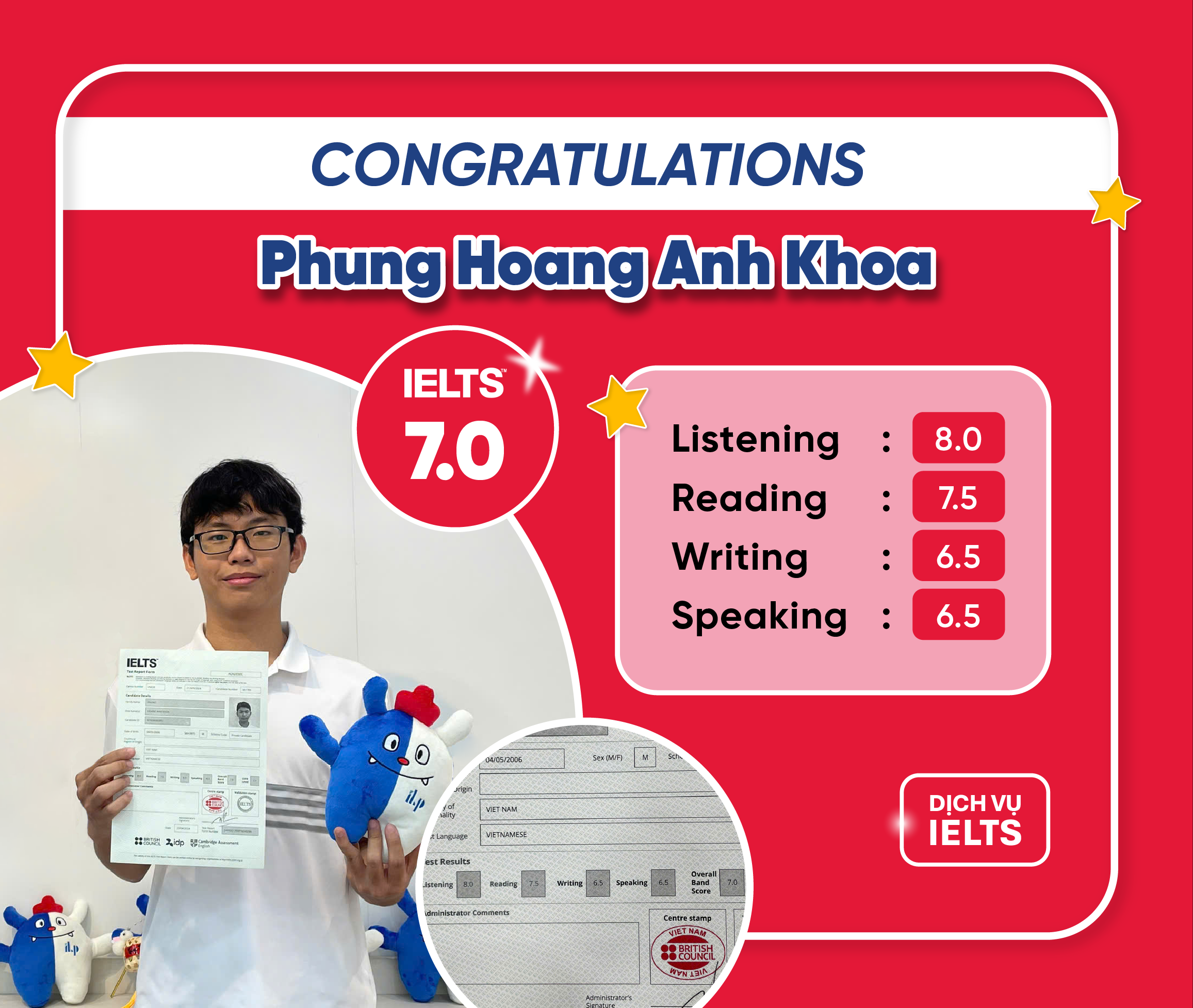 PHÙNG HOÀNG ANH KHOA ĐẠT ĐIỂM IELTS 7.0 OVERALL