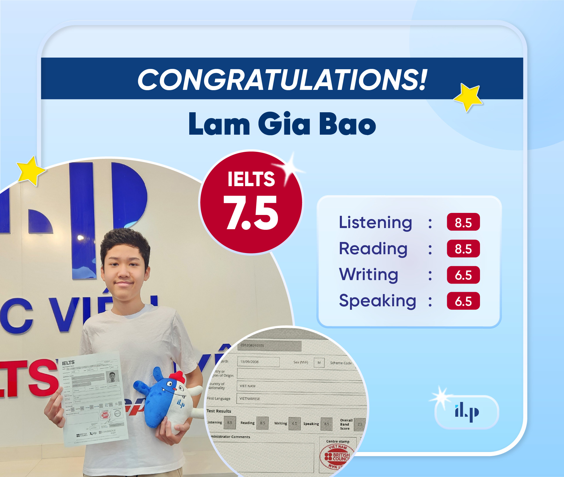 LÂM GIA BẢO ĐẠT IELTS 7.5 OVERALL