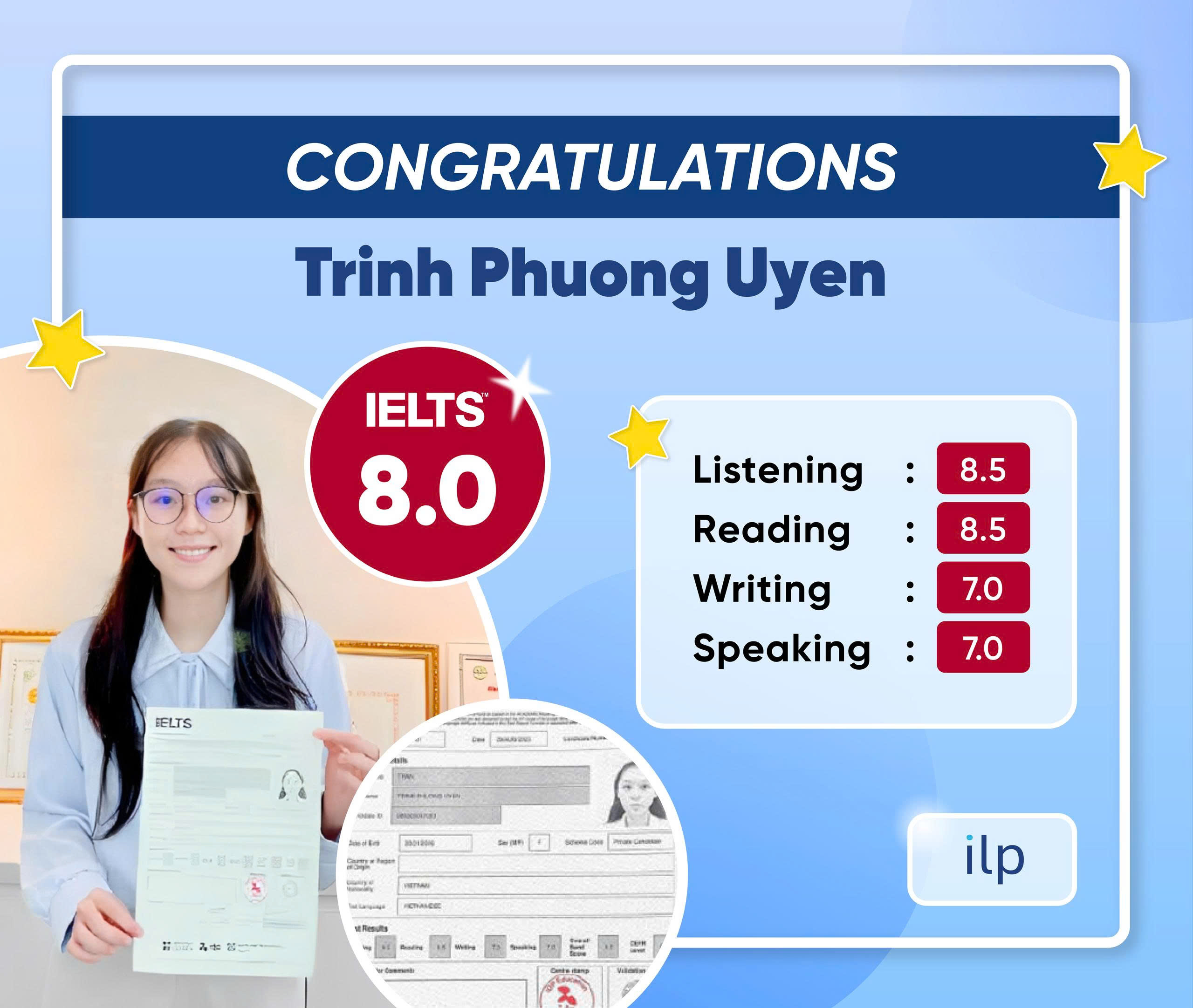 TRỊNH PHƯƠNG UYÊN ĐẠT ĐIỂM SỐ ẤN TƯỢNG IELTS 8.0 OVERALL