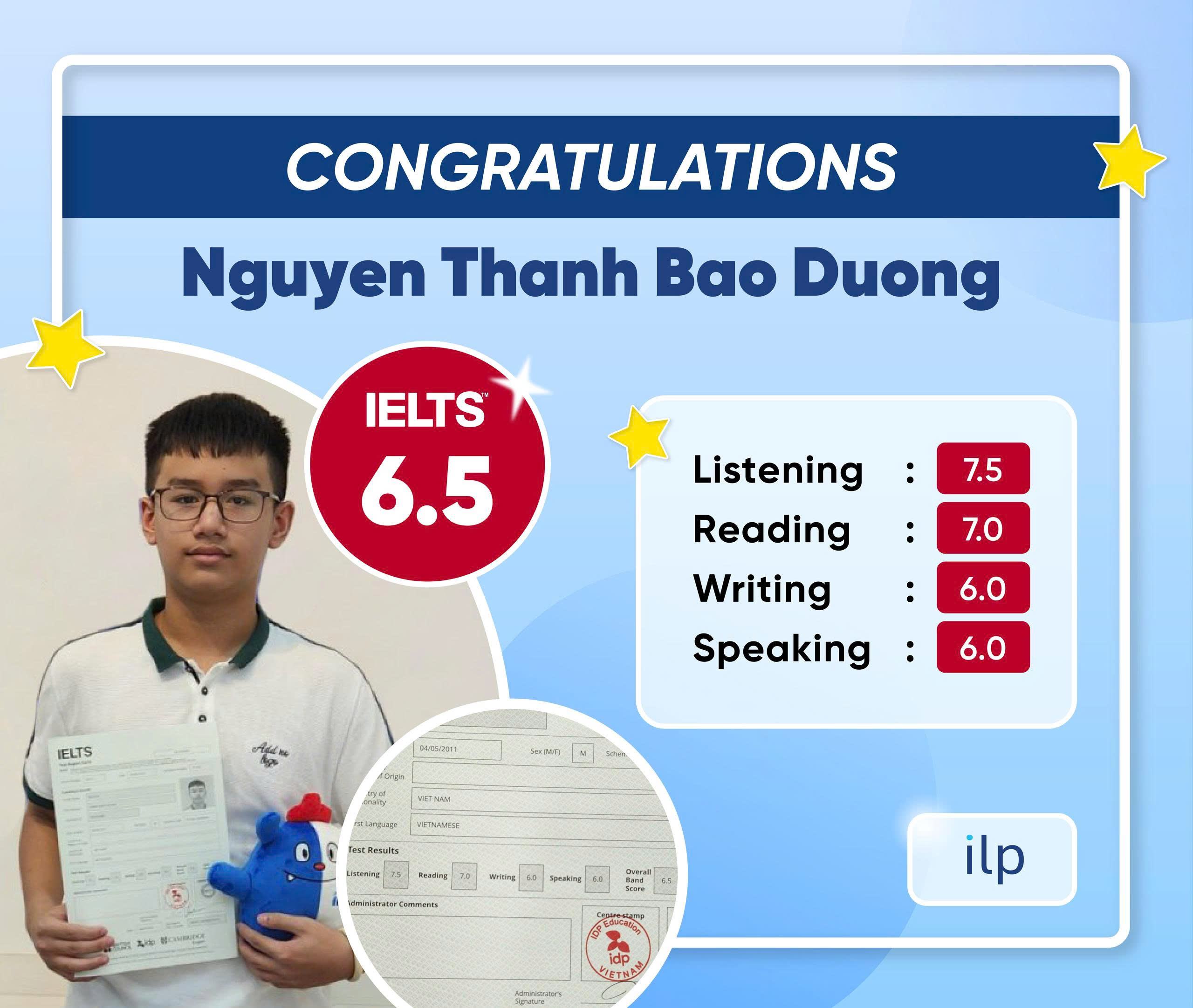 NGUYỄN THANH BẢO DƯƠNG ĐẠT IELTS 6.5 OVERALL