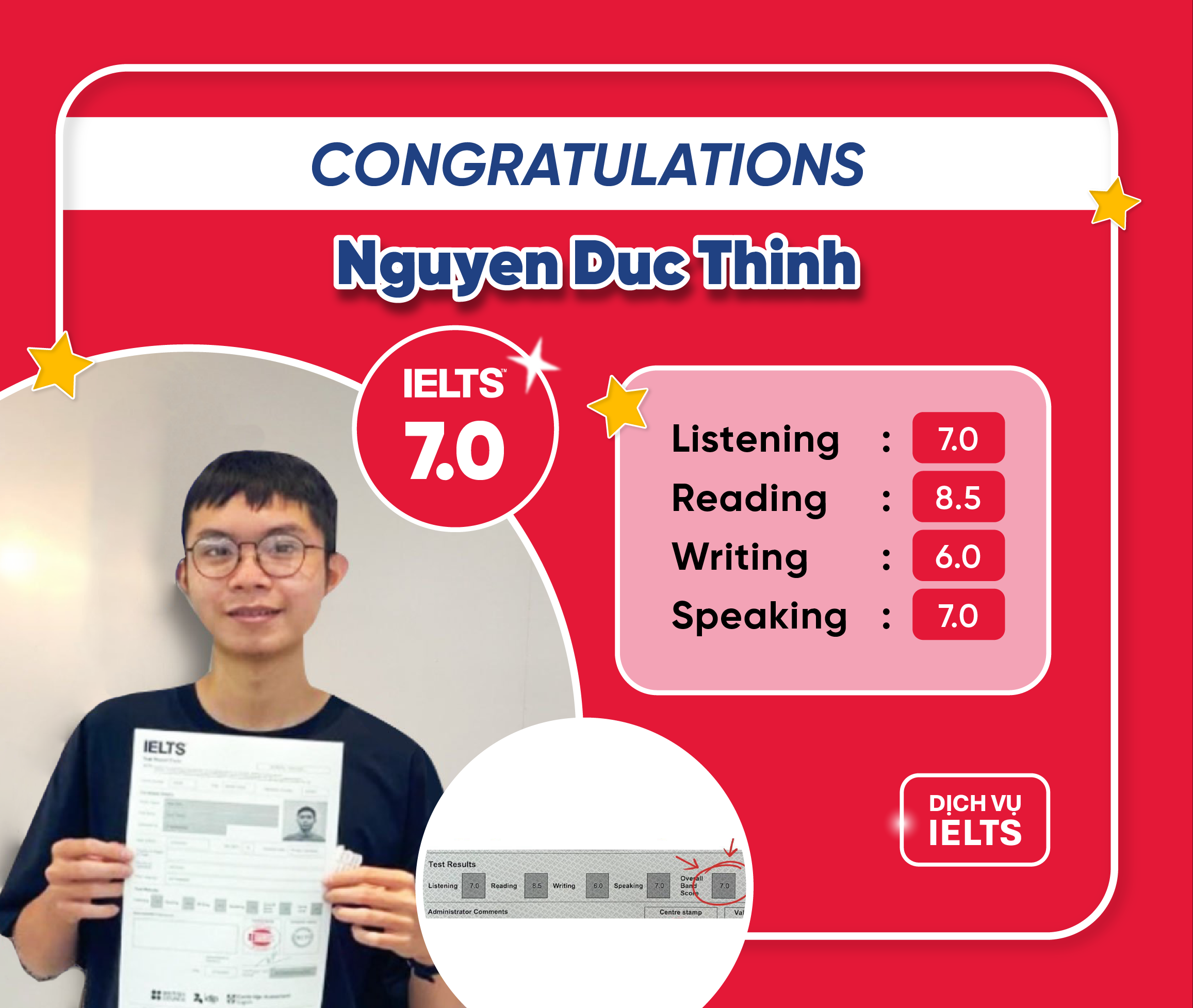NGUYỄN ĐỨC THỊNH ĐẠT ĐIỂM IELTS 7.0 OVERALL