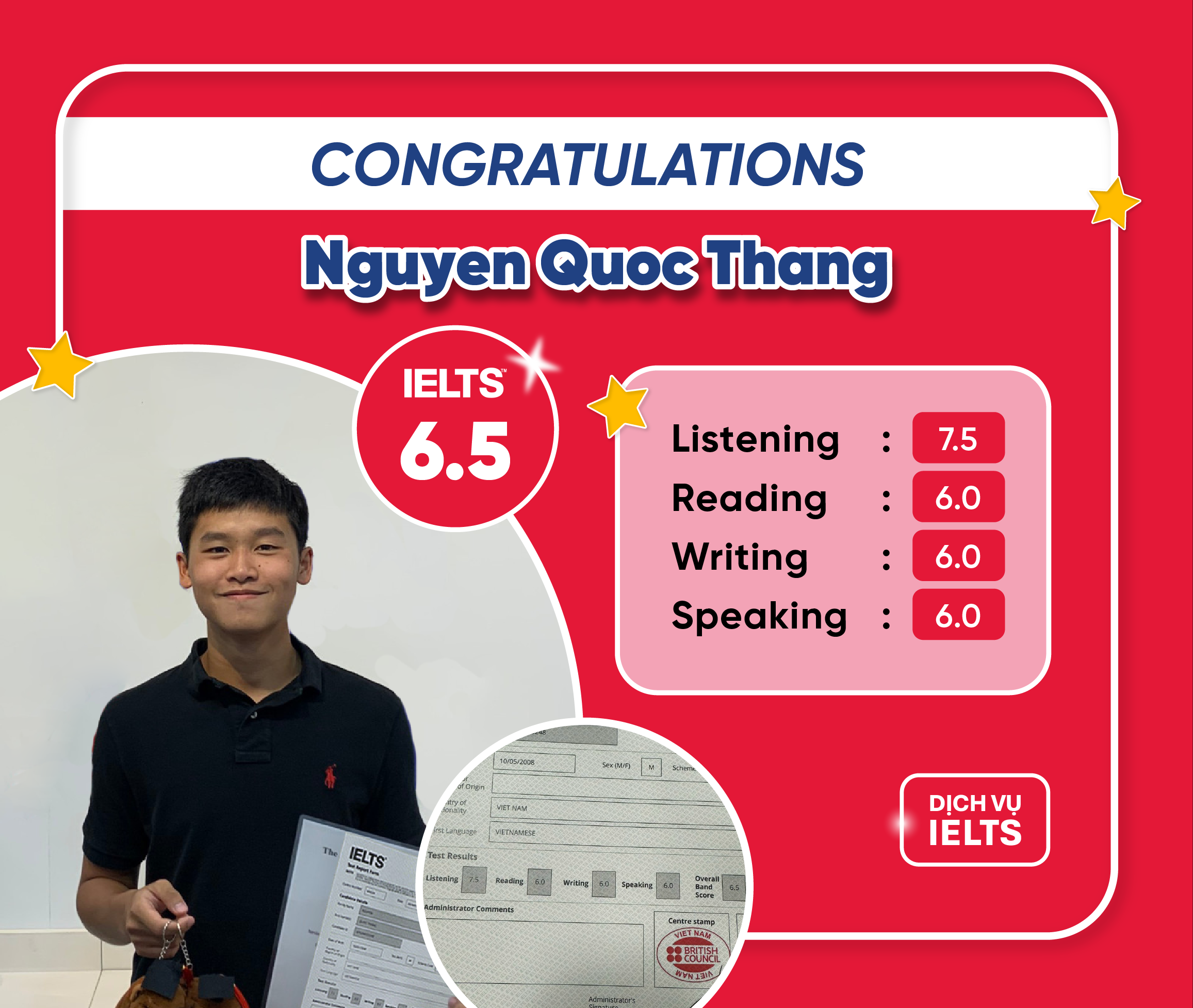NGUYỄN QUỐC THẮNG ĐẠT IELTS 6.5 OVERALL