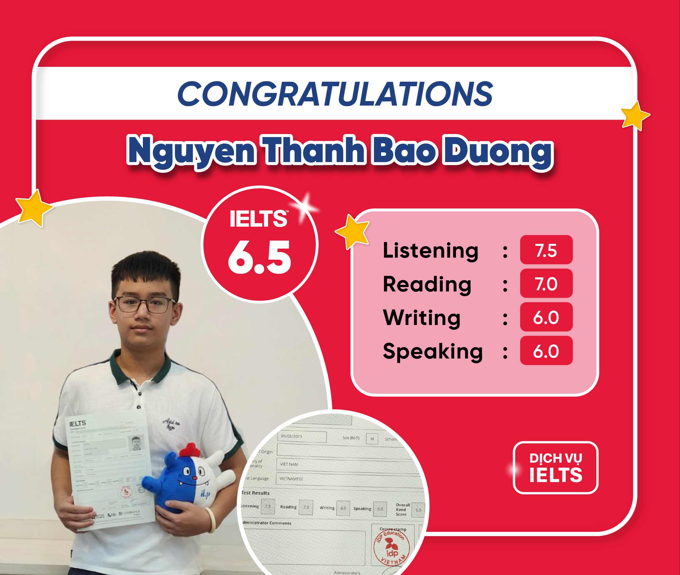 NGUYỄN THANH BẢO DƯƠNG ĐẠT IELTS 6.5 OVERALL