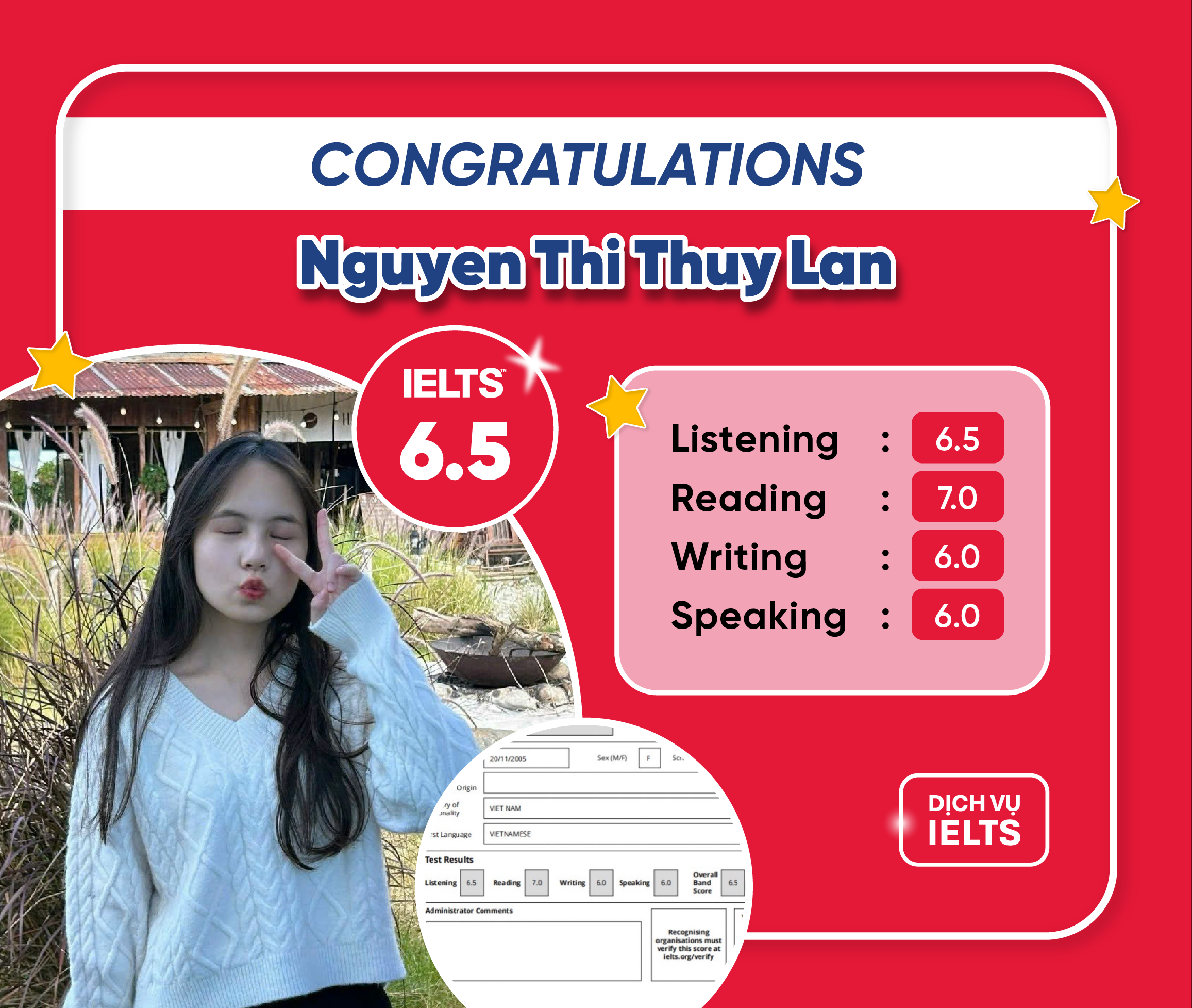 NGUYỄN THỊ THUÝ LAN ĐẠT IELTS 6.5 OVERALL