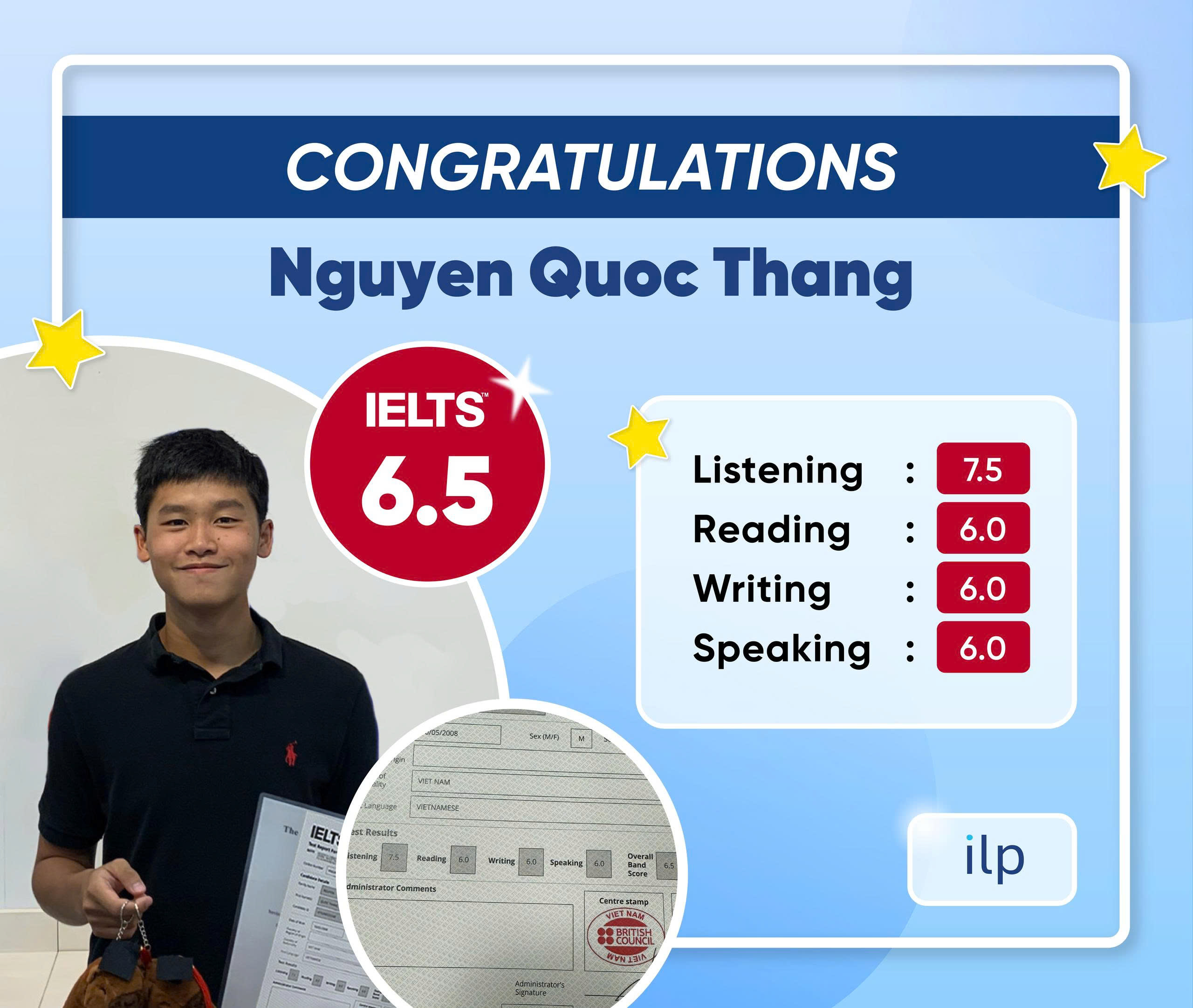 NGUYỄN QUỐC THẮNG ĐẠT IELTS 6.5 OVERALL