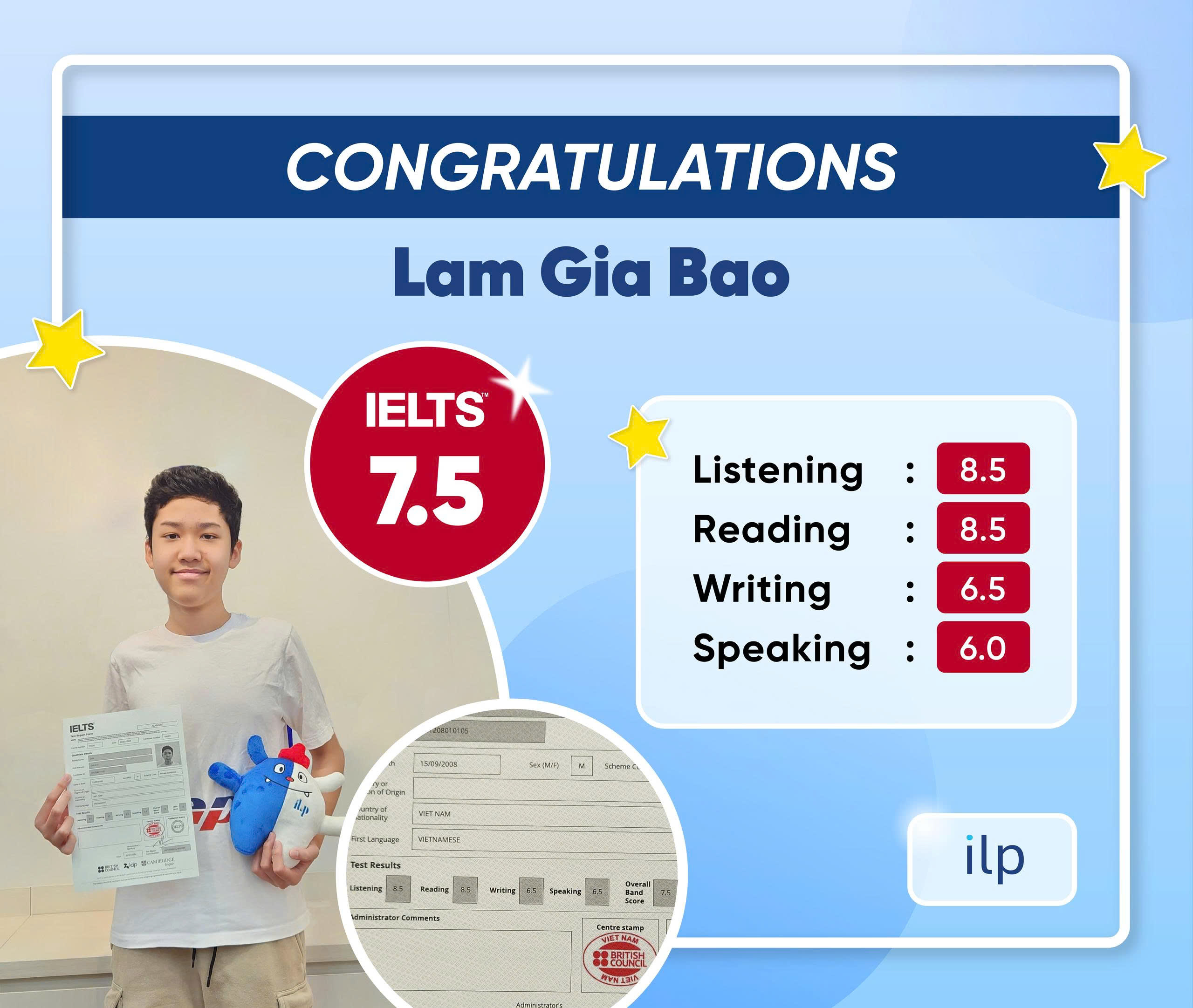 LÂM GIA BẢO ĐẠT IELTS 7.5 OVERALL