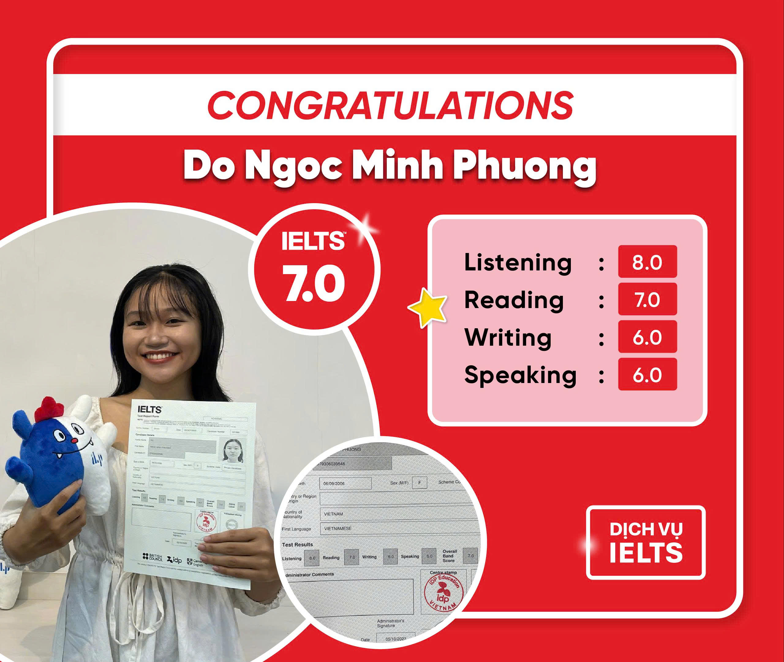 ĐỖ NGỌC MINH PHƯƠNG MỘT LẦN NỮA ĐẠT IELTS 7.0 OVERALL