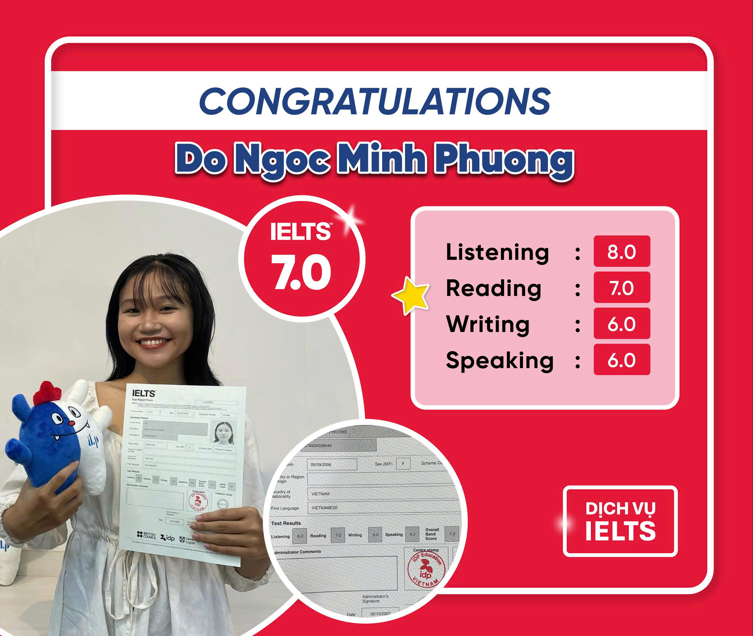 ĐỖ NGỌC MINH PHƯƠNG MỘT LẦN NỮA ĐẠT IELTS 7.0 OVERALL