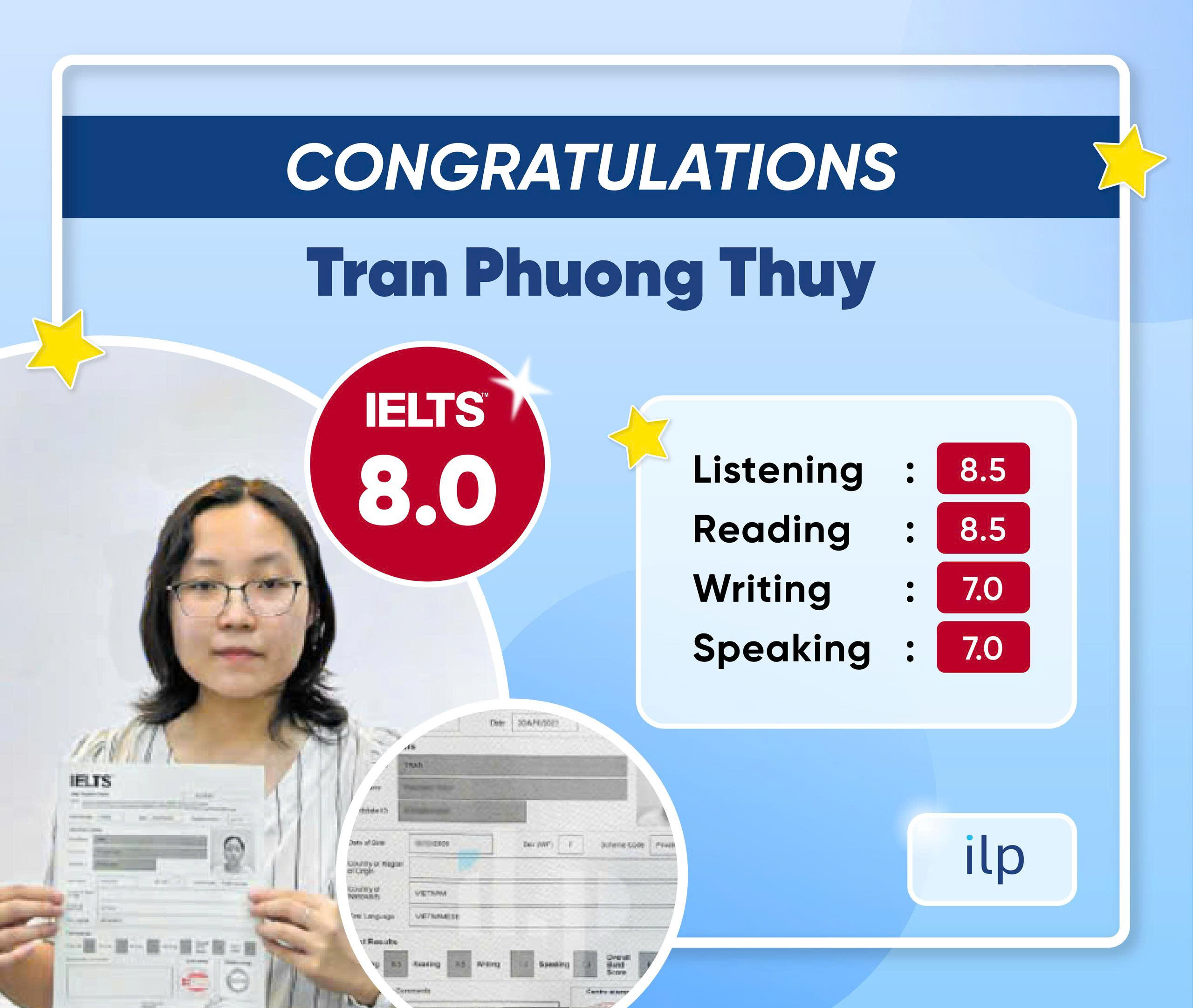 TRẦN PHƯƠNG THUỲ ĐẠT ĐIỂM SỐ ẤN TƯỢNG IELTS 8.0 OVERALL