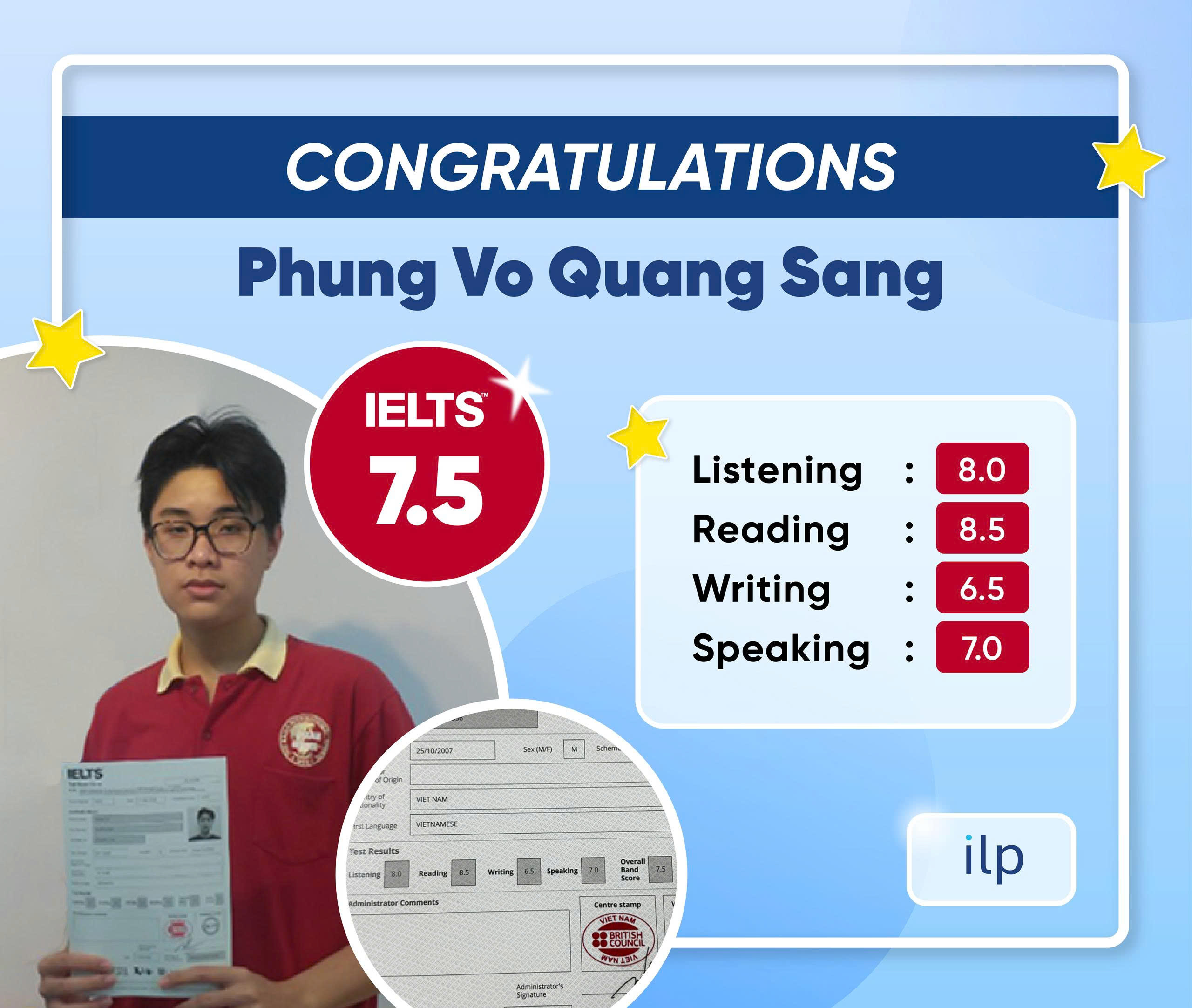 PHÙNG VÕ QUANG SANG ĐẠT IELTS 7.5 OVERALL