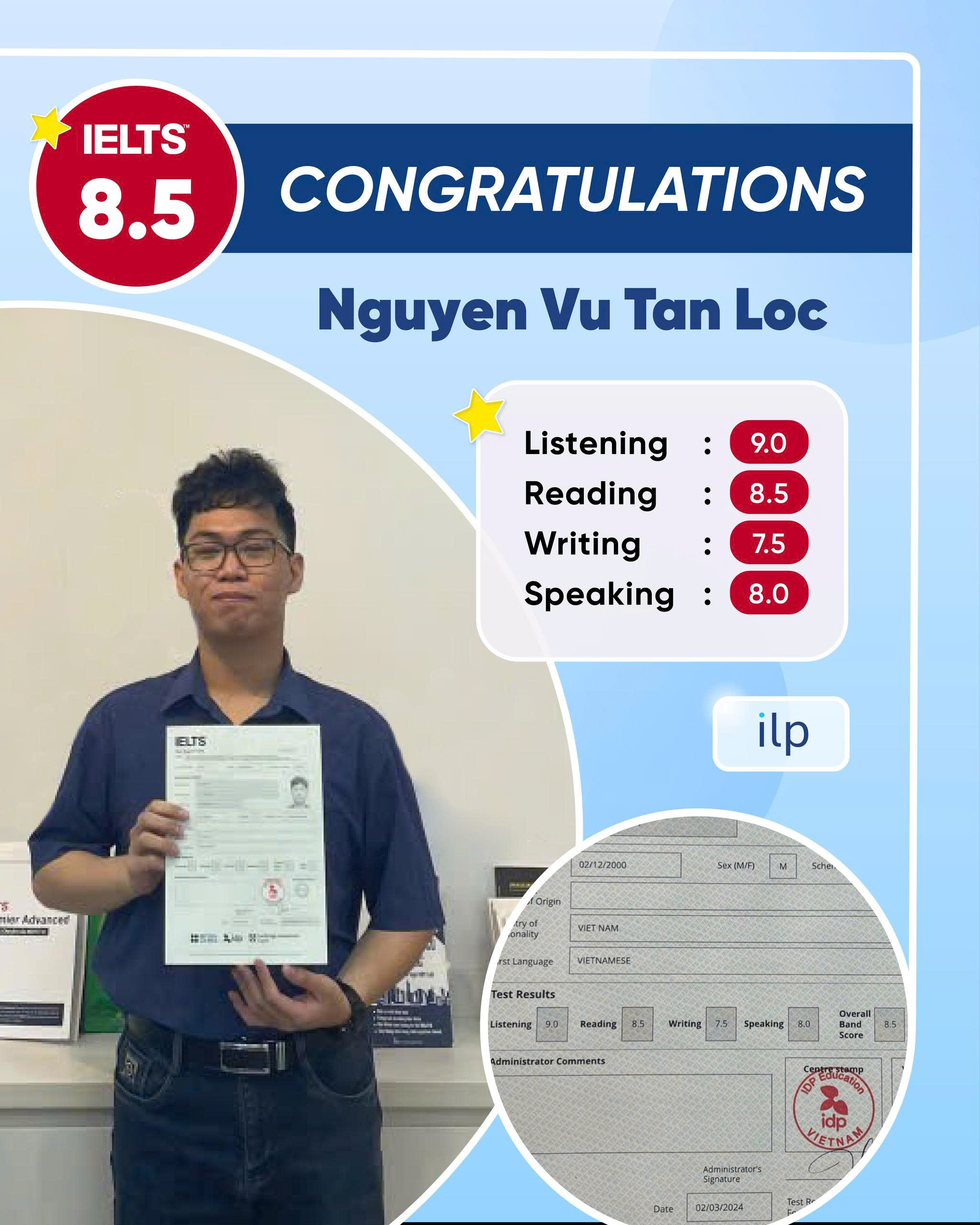 NGUYỄN VŨ TẤN LỘC ĐẠT ĐIỂM SỐ ẤN TƯỢNG IELTS 8.5 OVERALL