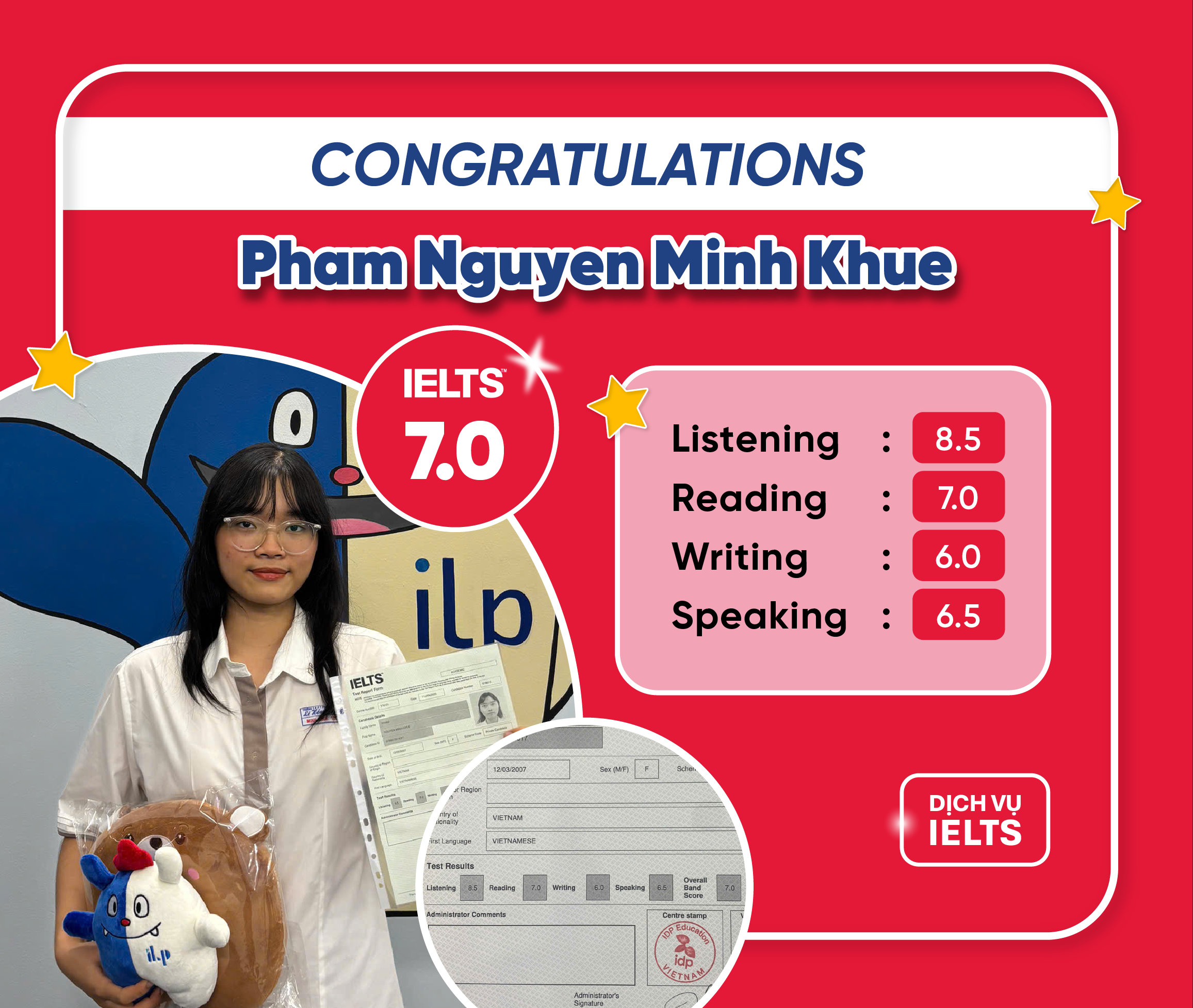 PHẠM NGUYỄN MINH KHUÊ ĐẠT IELTS 7.0 OVERALL