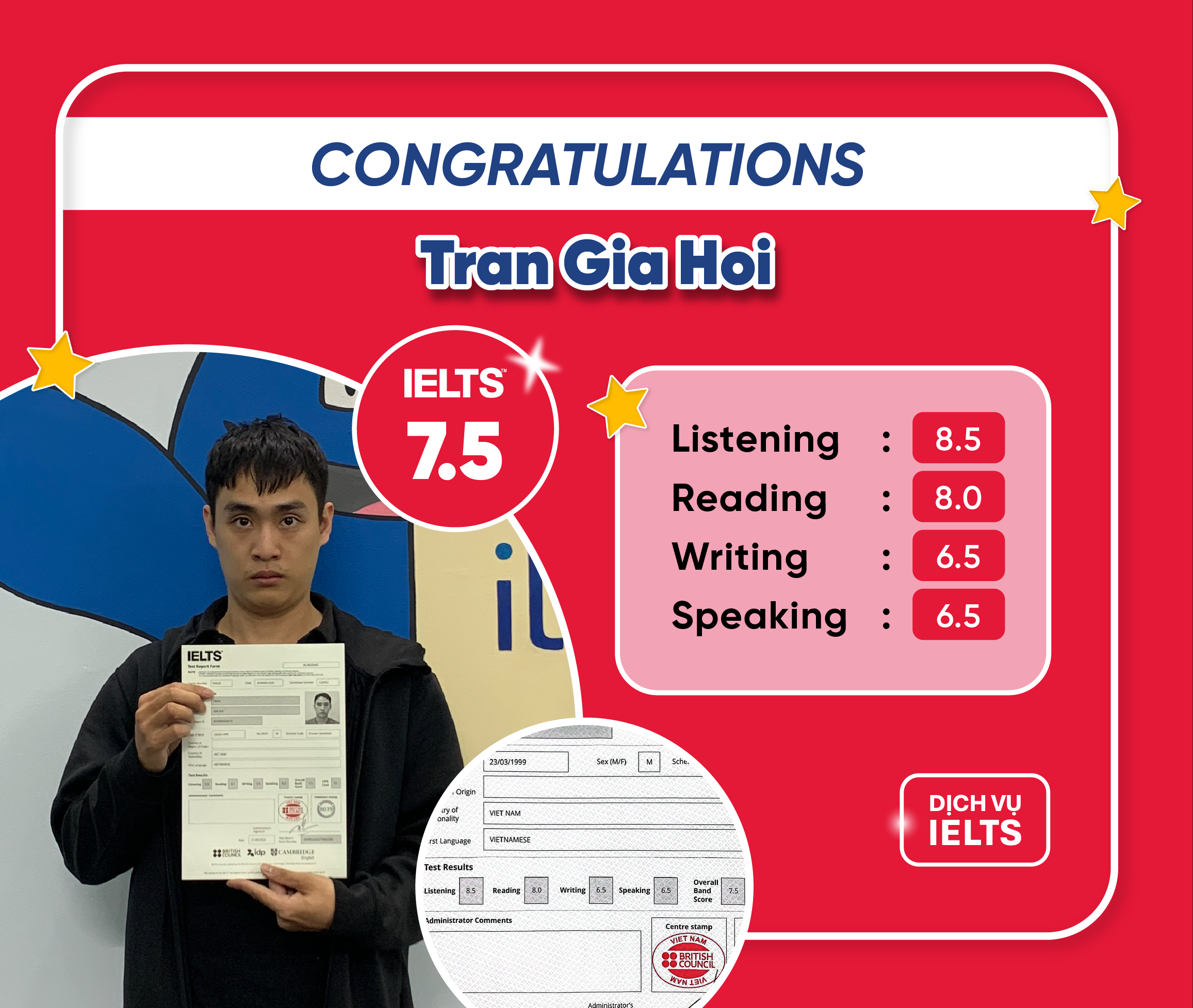 TRẦN GIA HỘI ĐẠT IELTS 7.5 OVERALL