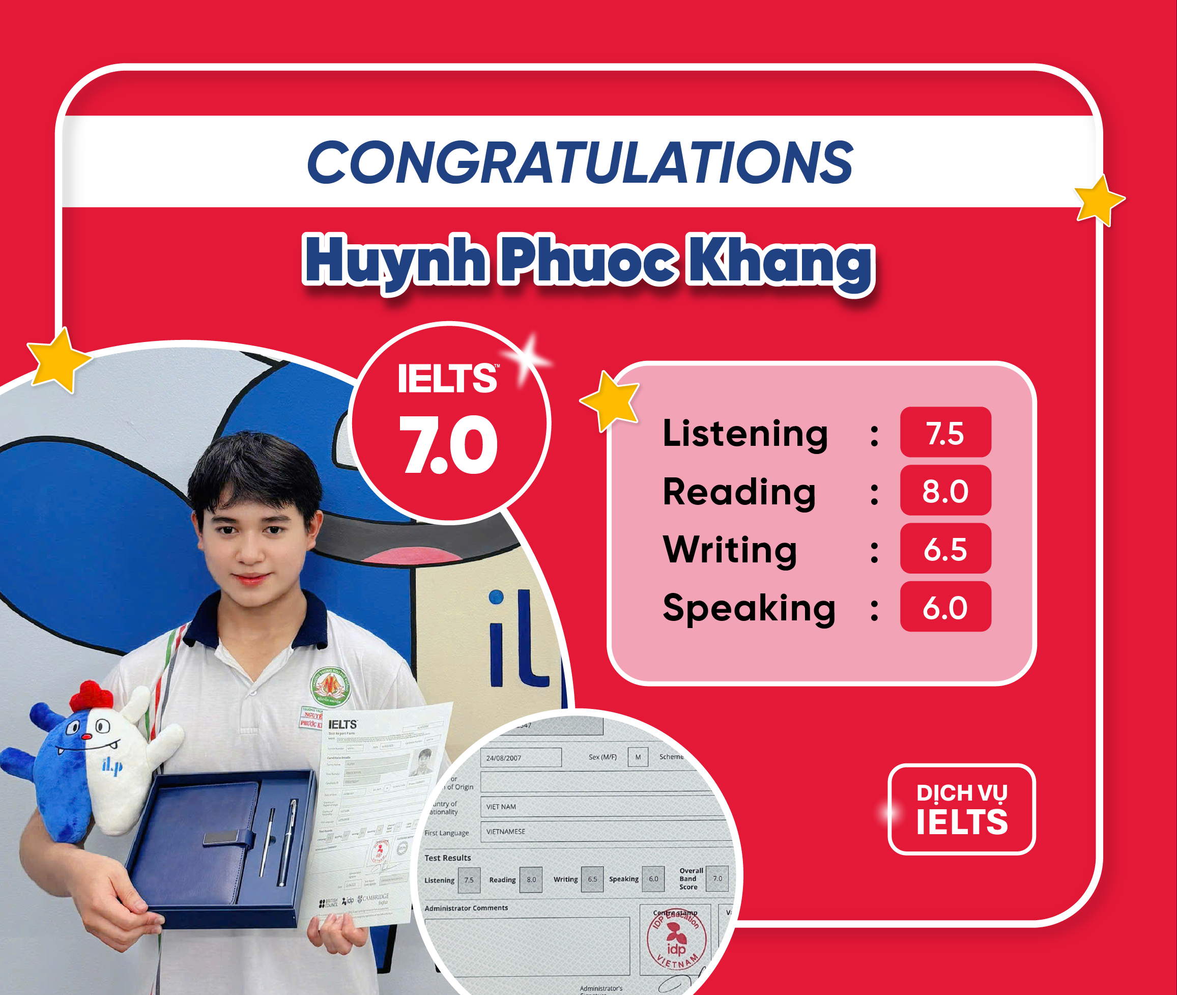 HUỲNH PHƯỚC KHANG ĐẠT IELTS 7.0 OVERALL