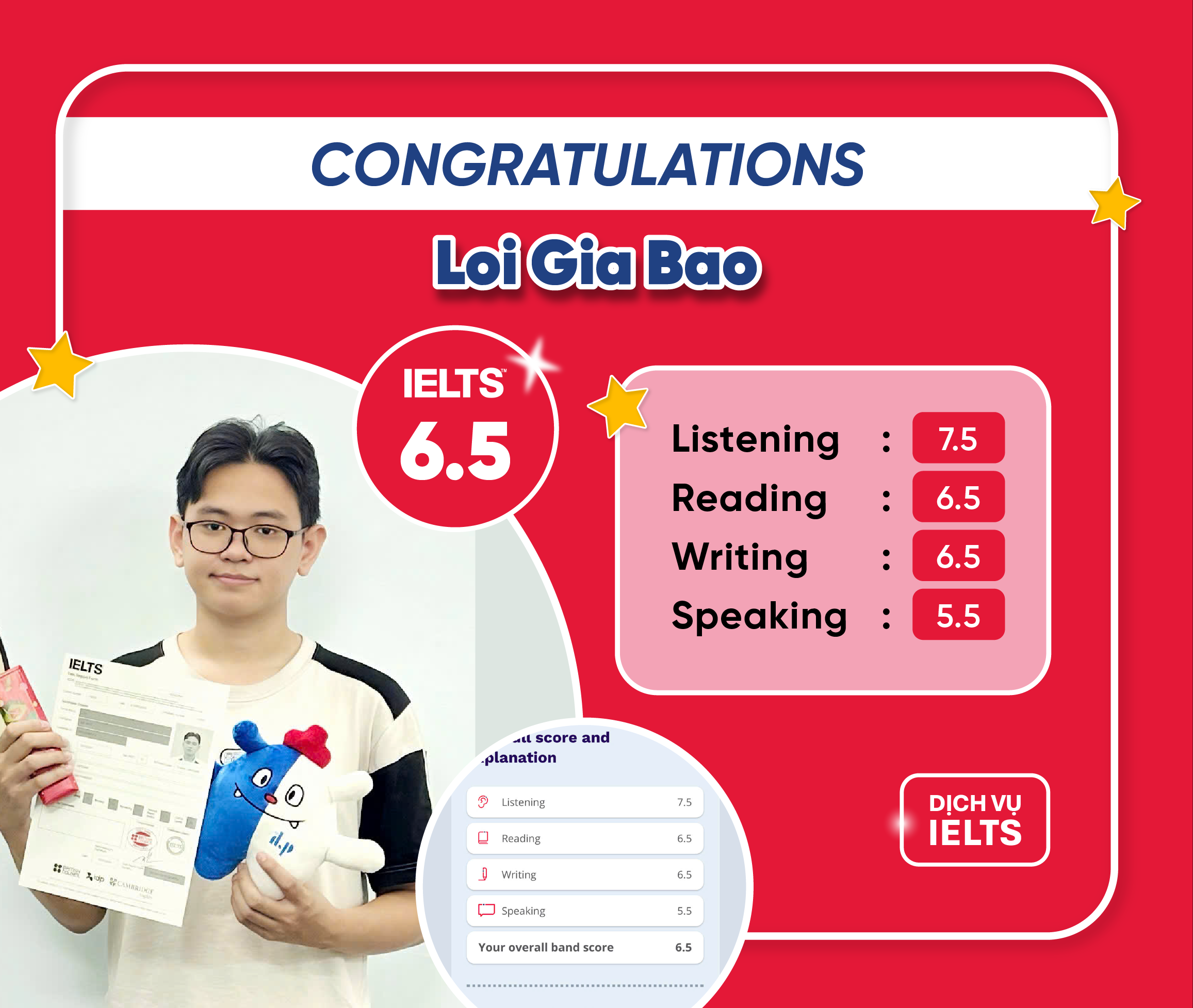 LỢI GIA BẢO ĐẠT ĐIỂM IELTS 6.5 OVERALL