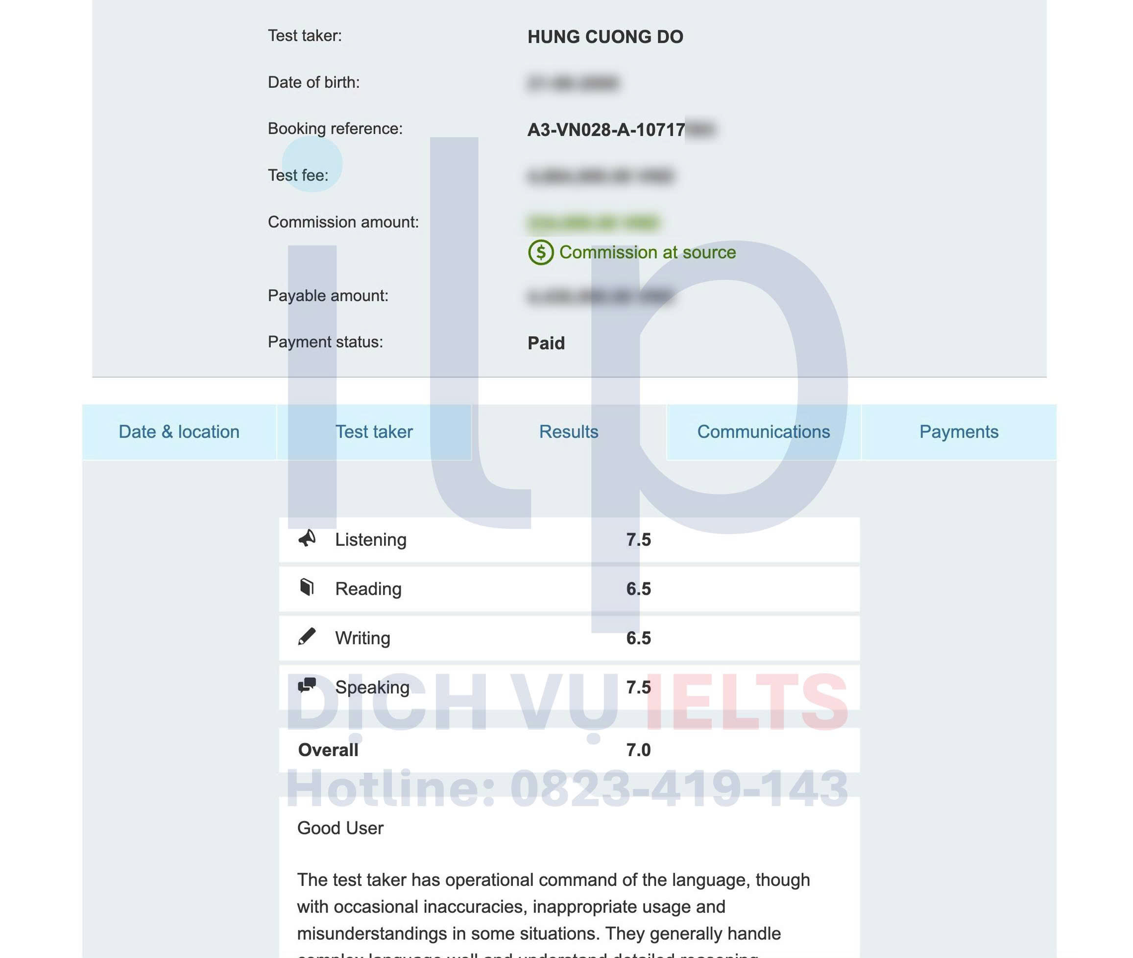 ĐỖ HÙNG CƯỜNG ĐẠT ĐIỂM IELTS 7.0 OVERALL