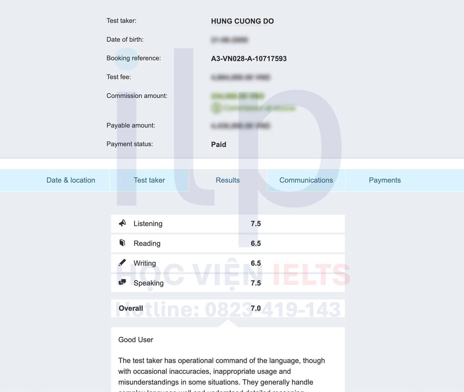 ĐỖ HÙNG CƯỜNG ĐẠT ĐIỂM IELTS 7.0 OVERALL