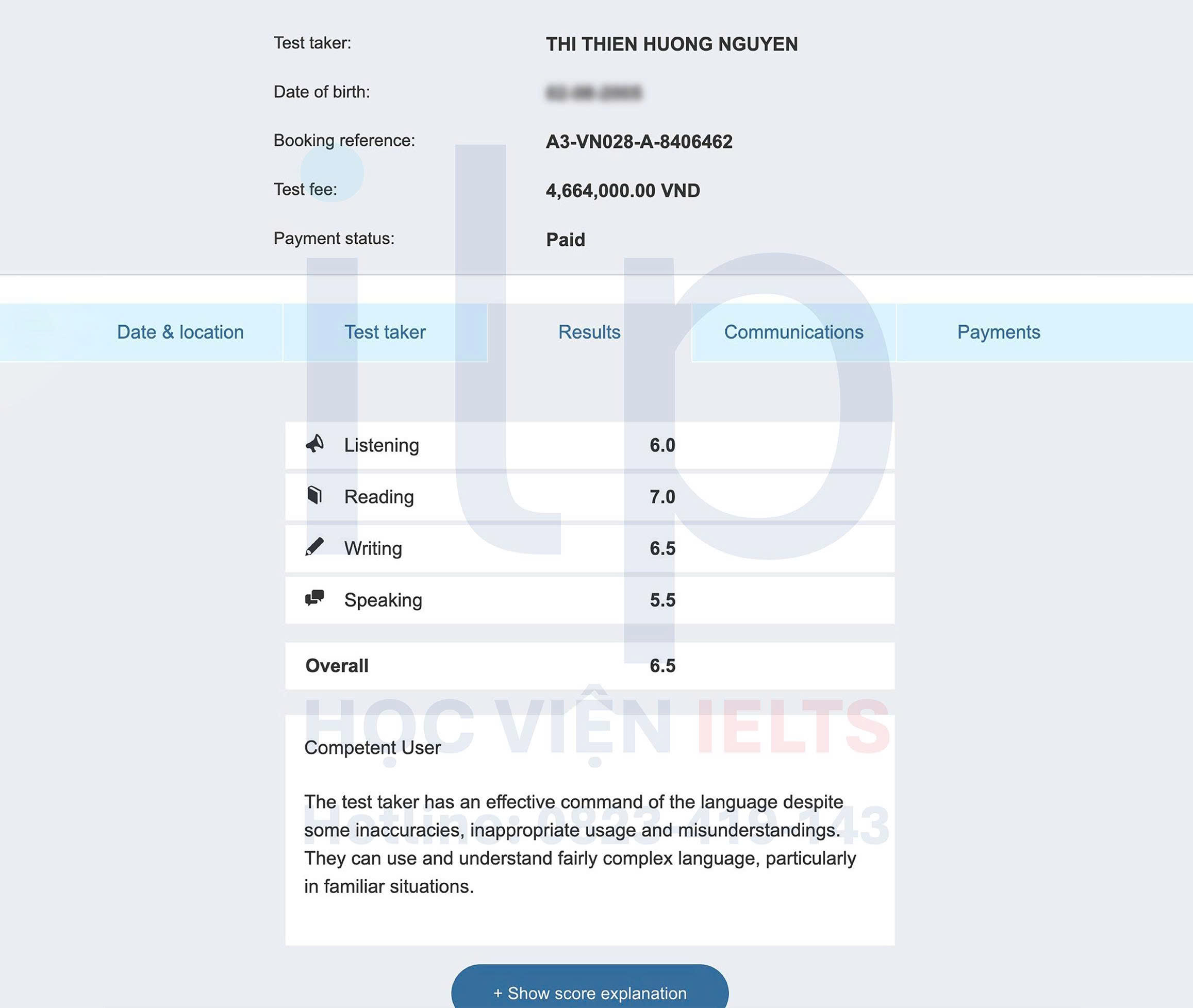 NGUYỄN THỊ THIÊN HƯƠNG ĐẠT IELTS 6.5 OVERALL