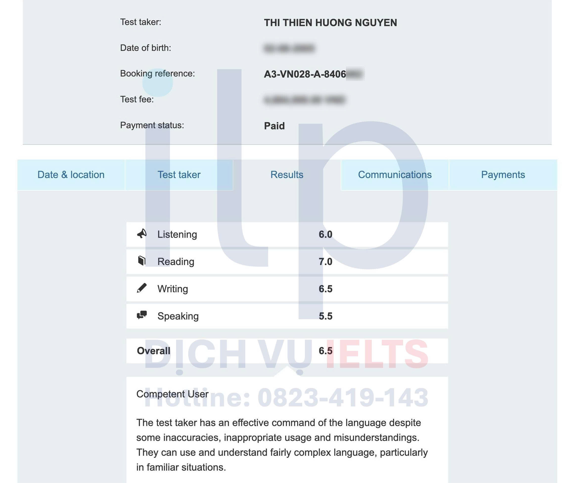 NGUYỄN THỊ THIÊN HƯƠNG ĐẠT IELTS 6.5 OVERALL