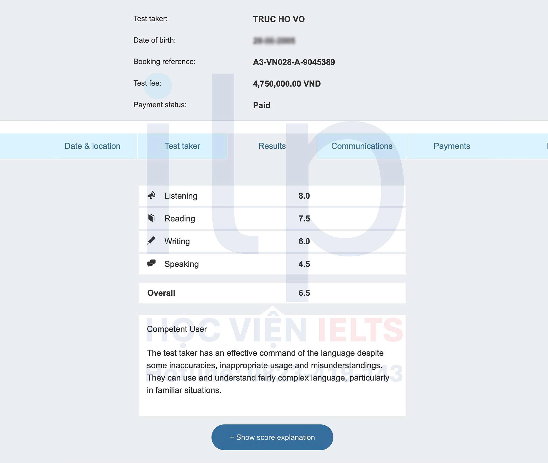 VÕ HỒ TRÚC ĐẠT ĐIỂM IELTS 6.5 OVERALL