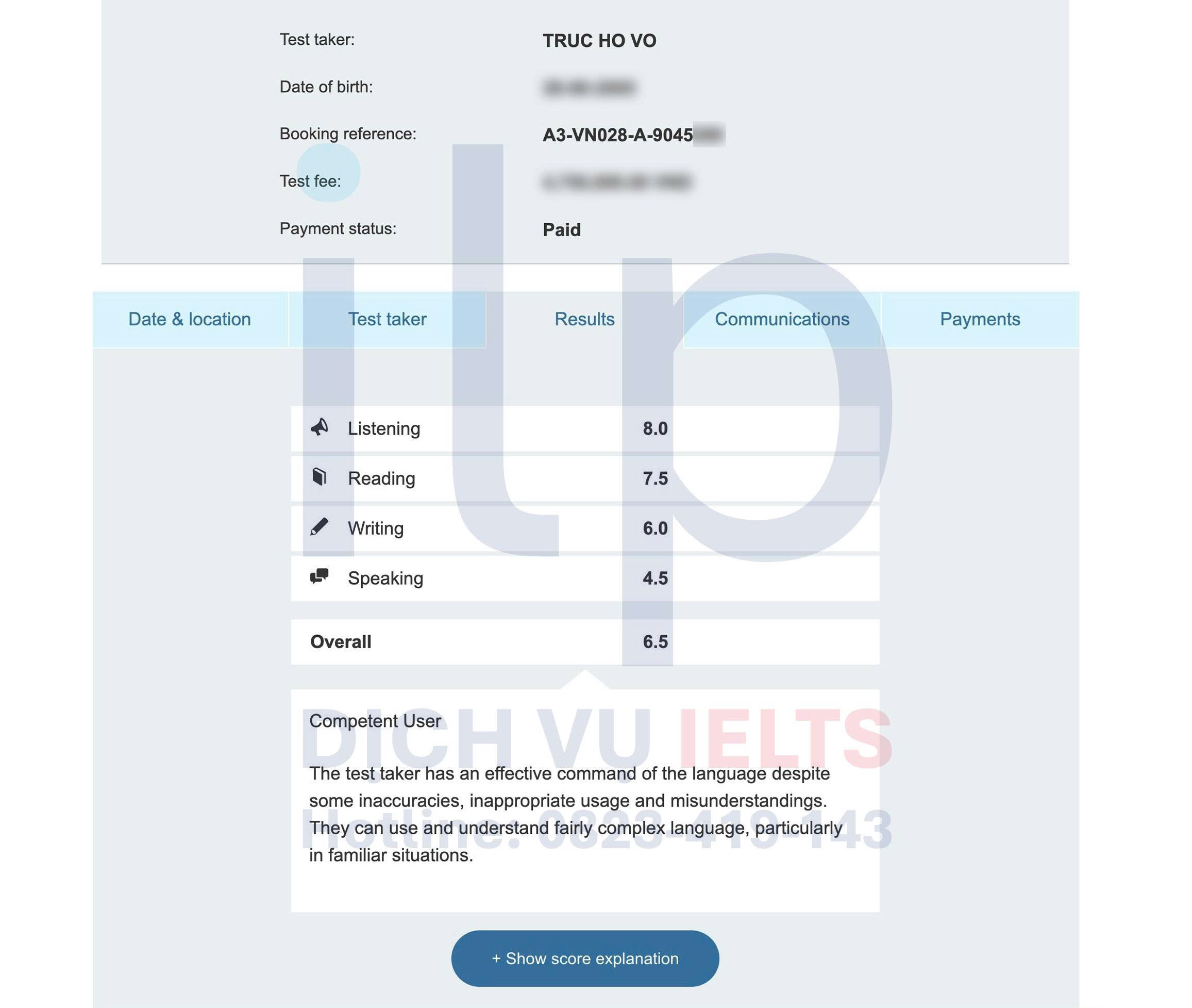VÕ HỒ TRÚC ĐẠT ĐIỂM IELTS 6.5 OVERALL