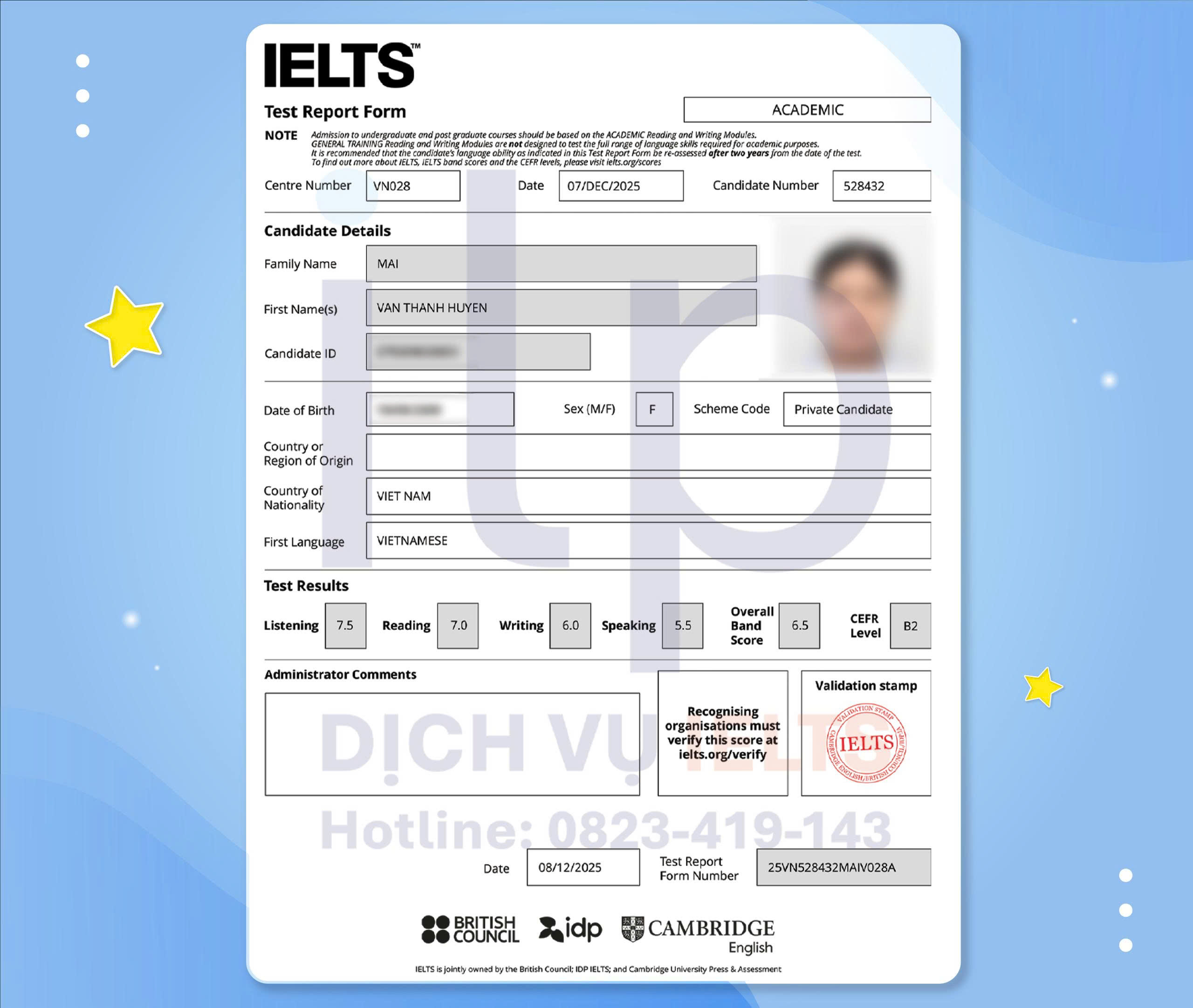 MAI THANH HUYỀN ĐẠT IELTS 6.5 OVERALL