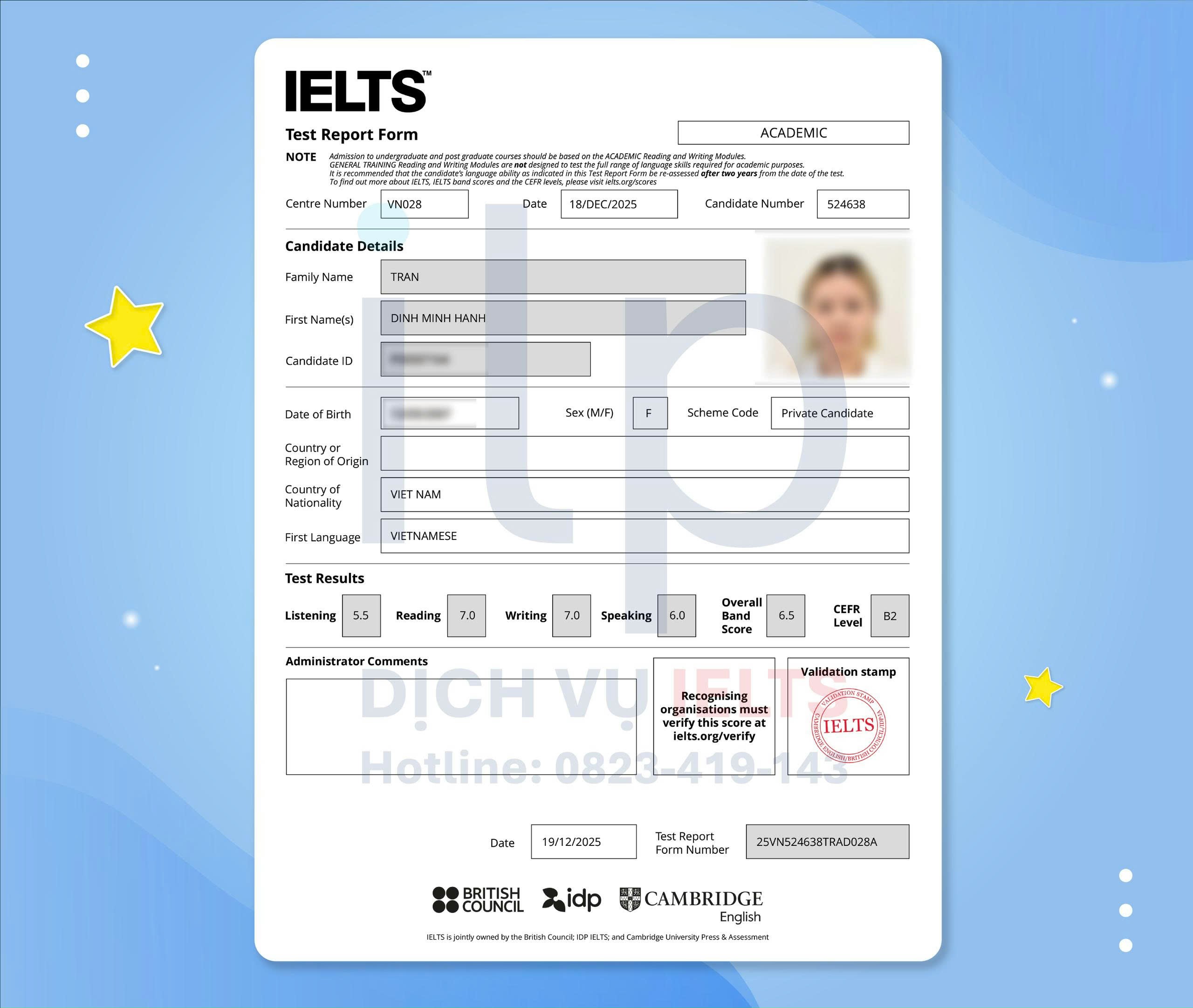 TRẦN ĐÌNH MINH HẠNH ĐẠT IELTS 6.5 OVERALL