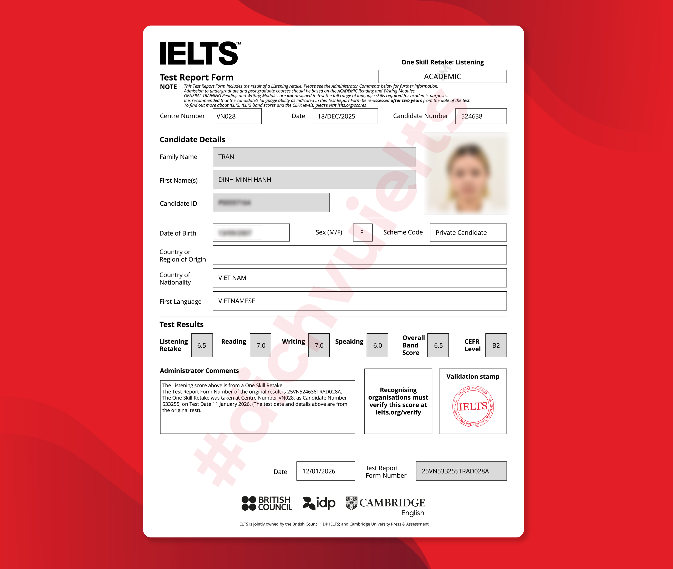 TRẦN ĐÌNH MINH HẠNH ĐẠT IELTS 6.5 OVERALL