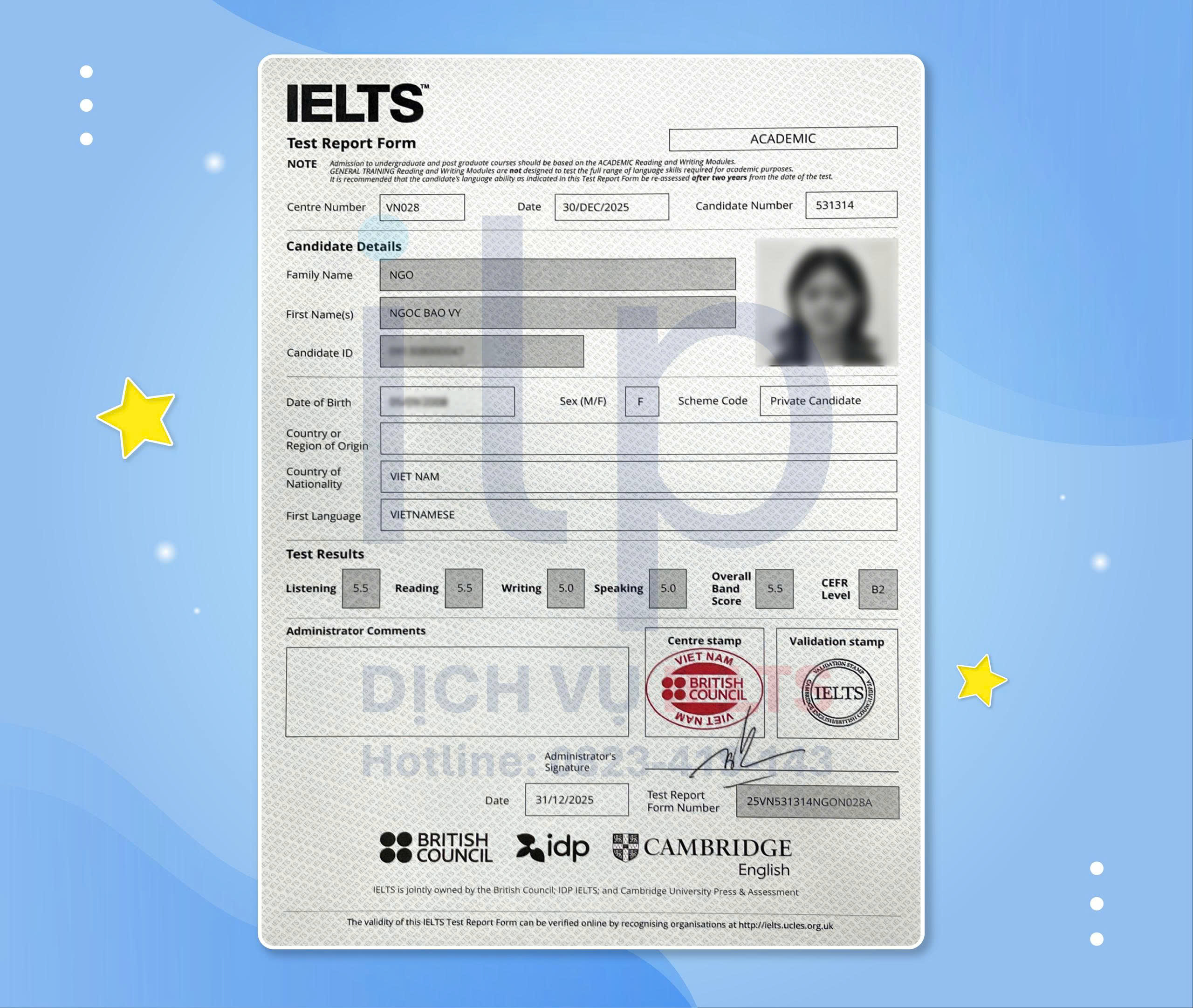 NGÔ NGỌC BẢO VY ĐẠT IELTS 5.5 OVERALL