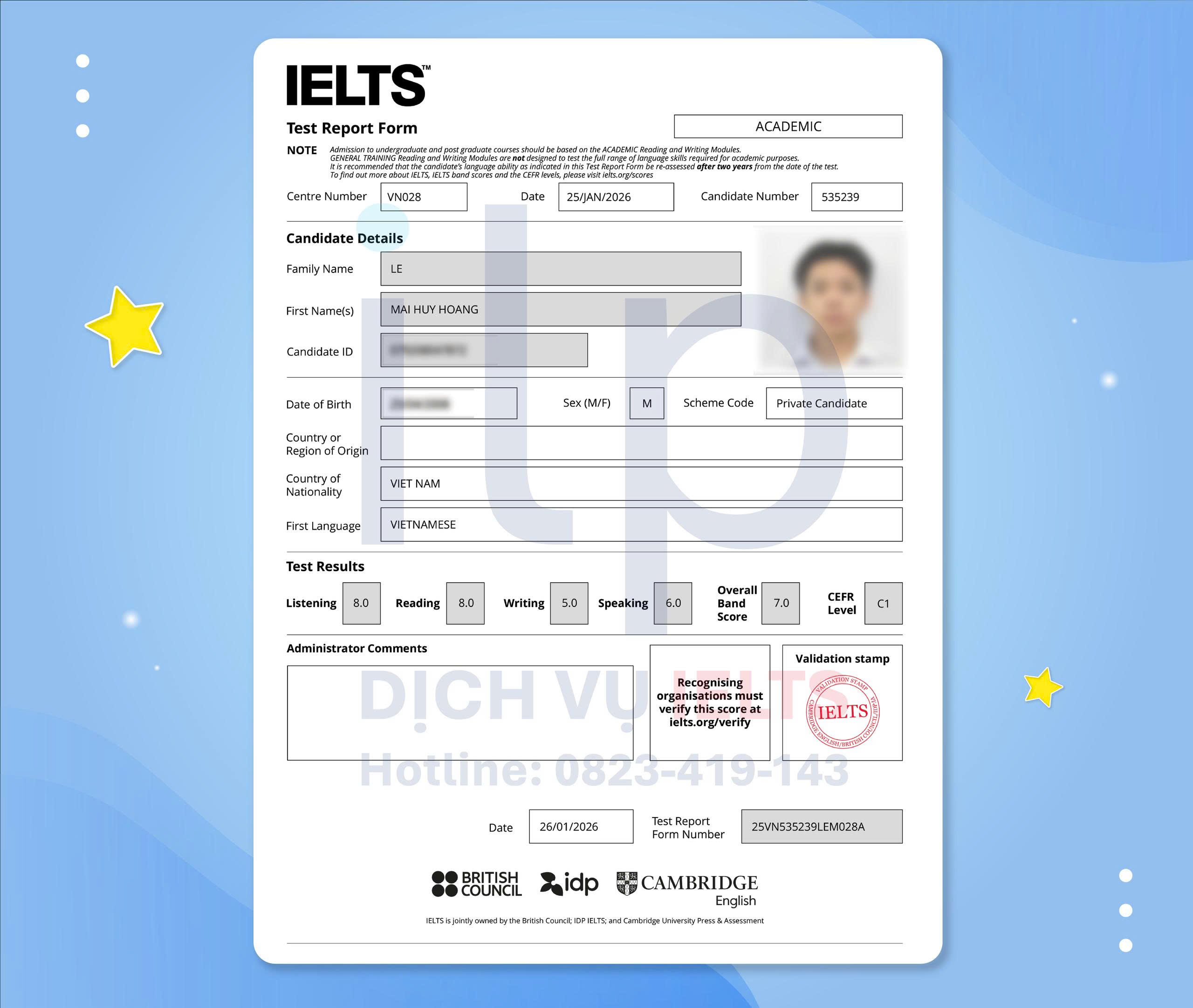 LÊ MAI HUY HOÀNG ĐẠT IELTS 7.0 OVERALL