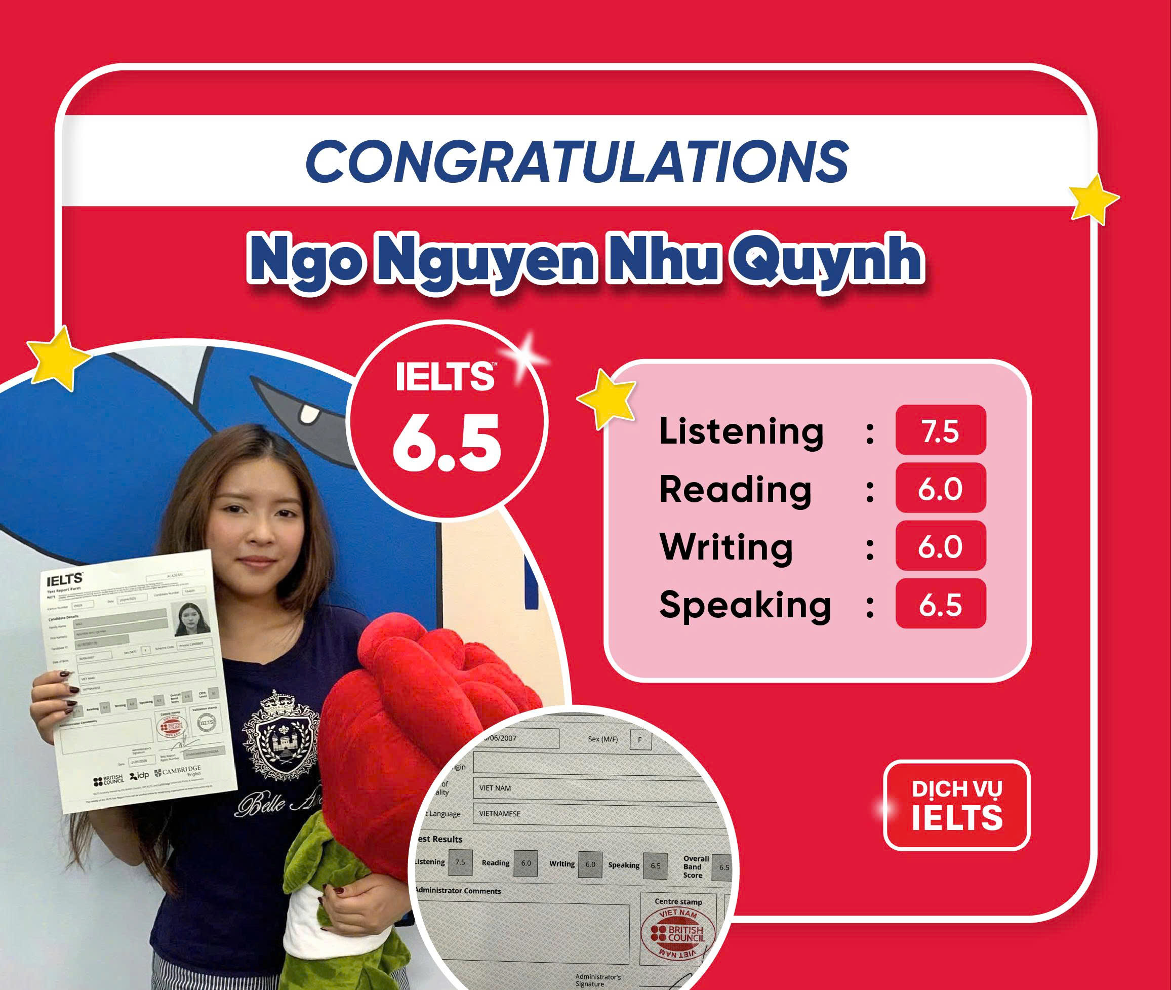 NGÔ NGUYỄN NHƯ QUỲNH ĐẠT IELTS 6.5 OVERALL