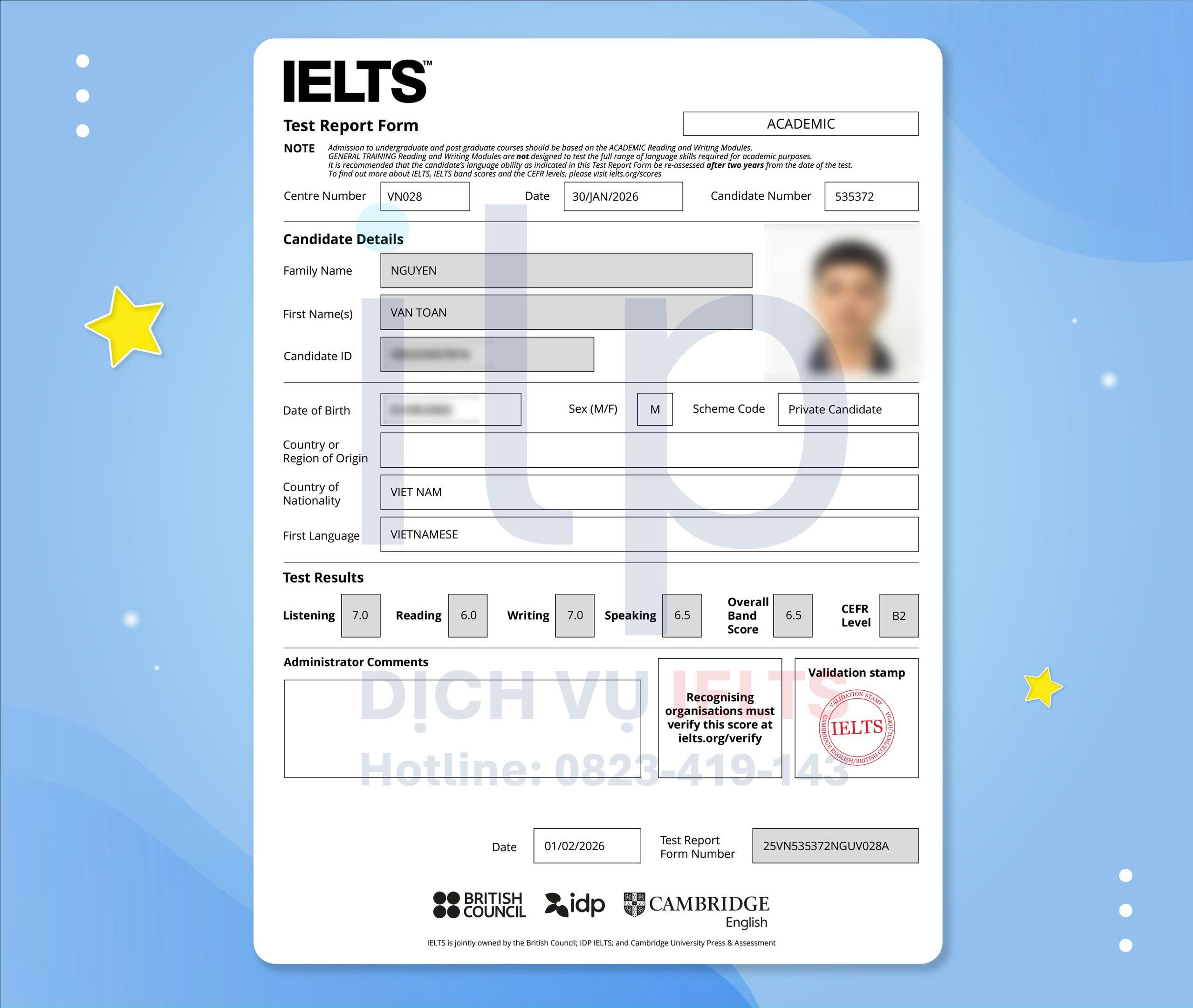 NGUYỄN VĂN TOÀN ĐẠT IELTS 6.5 OVERALL