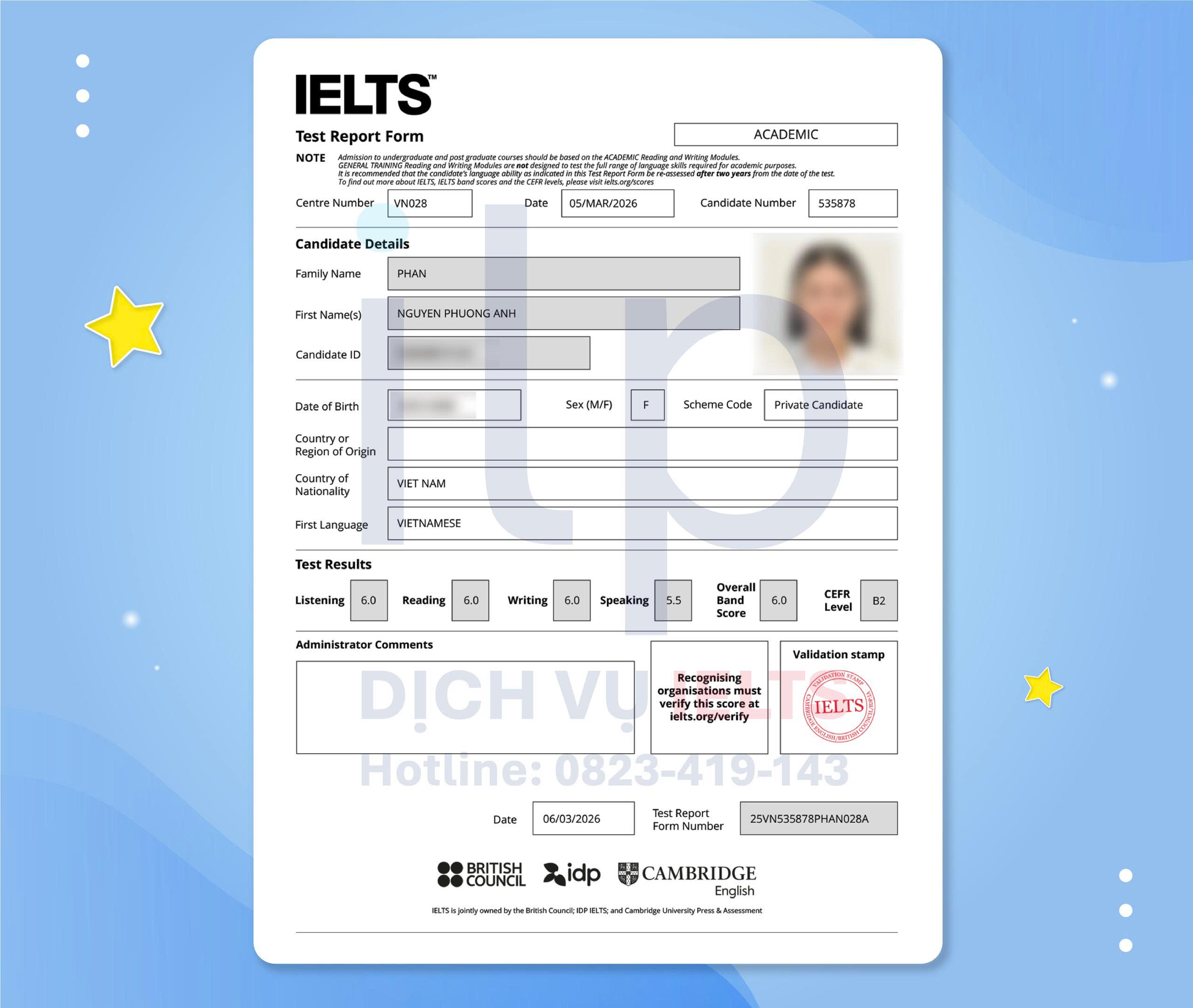 PHAN NGUYỄN PHƯƠNG ANH ĐẠT IELTS 6.0 OVERALL VỚI DỊCH VỤ IELTS