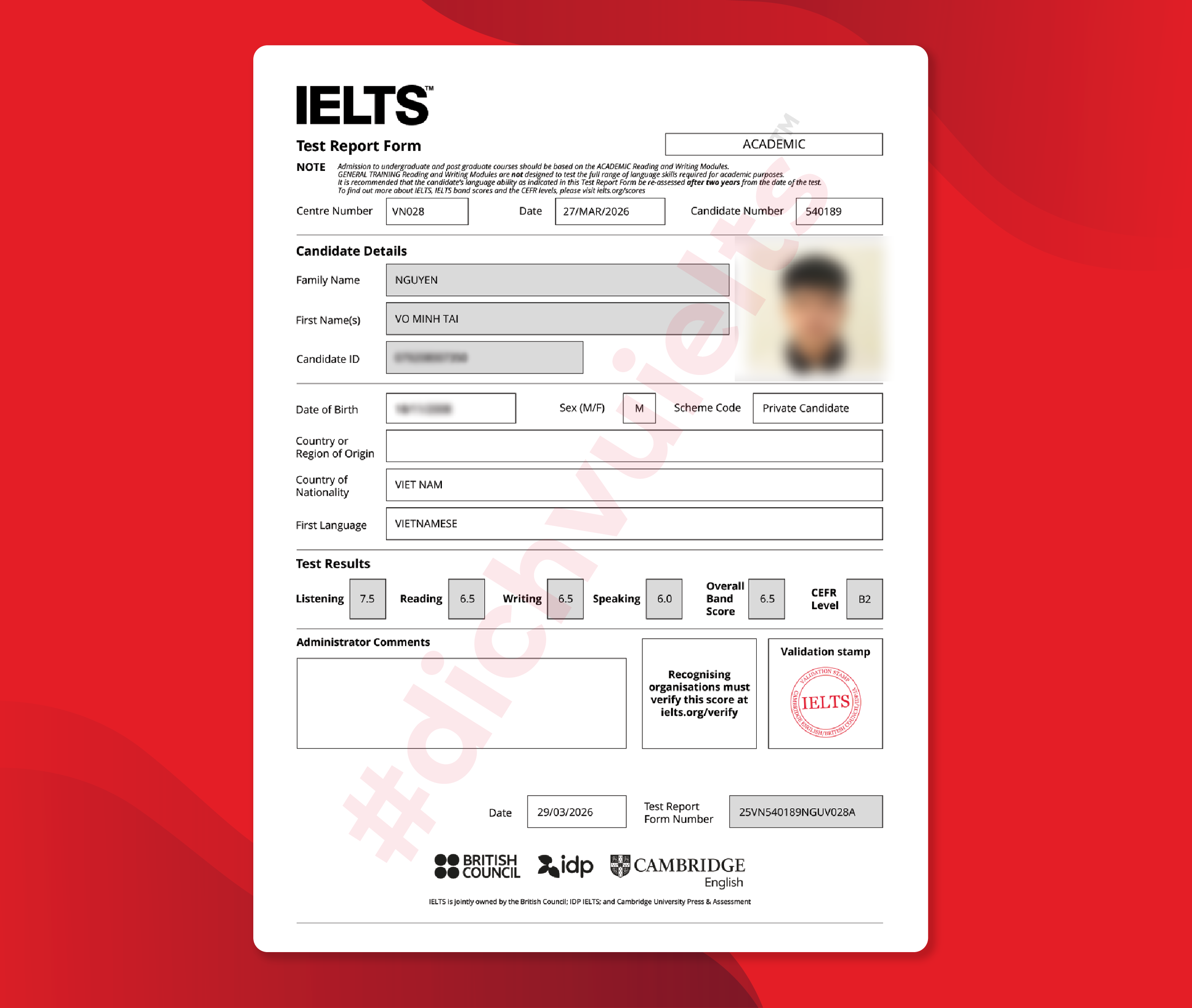 NGUYỄN VÕ MINH TÀI ĐẠT IELTS 6.5 OVERALL VỚI DỊCH VỤ IELTS